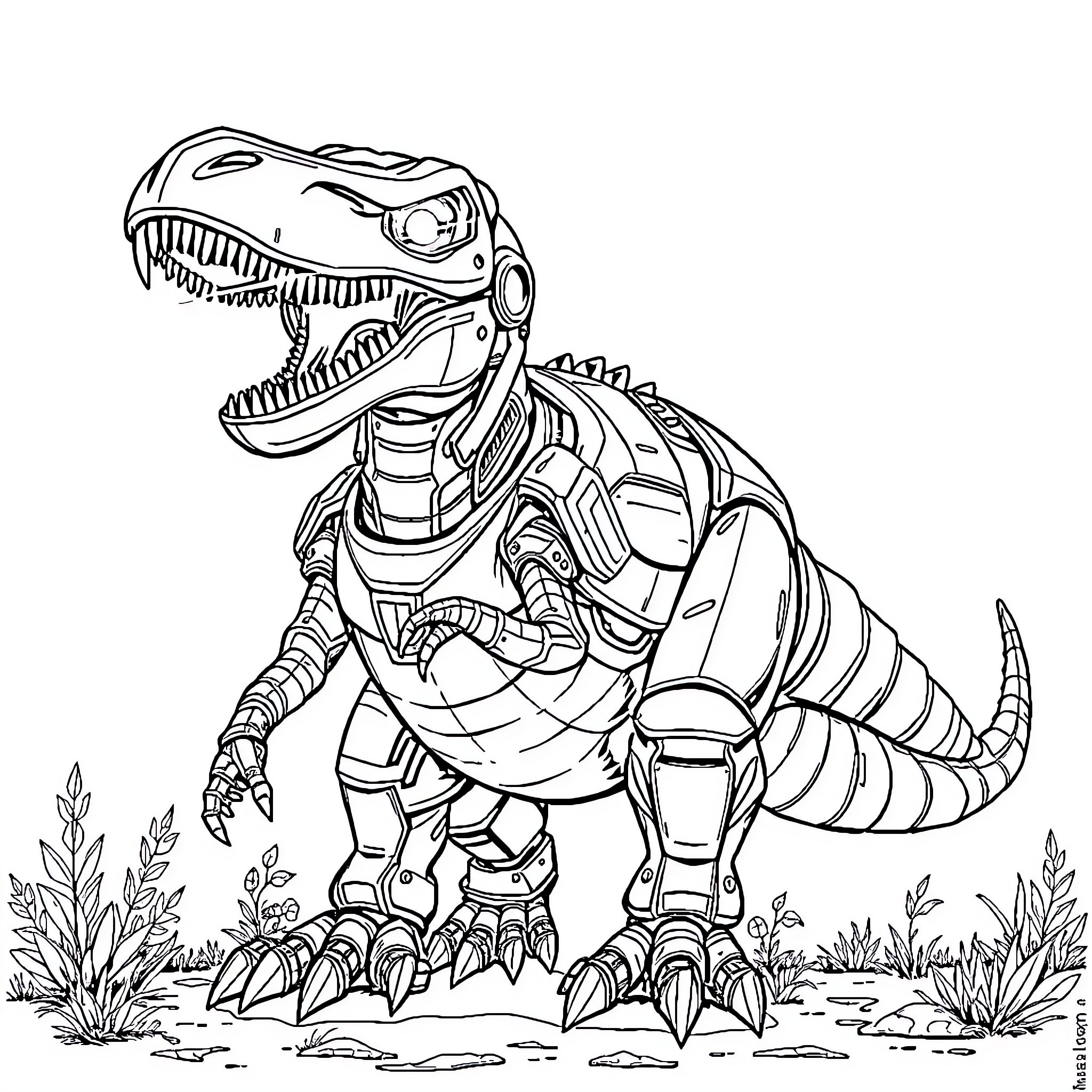 Dinosaur in Robotic Attire Exploring Lush Terrain Coloring Page (free black-and-white line drawing printable PDF for all, from beginners to advanced learners, including children, teens, adults, and seniors)