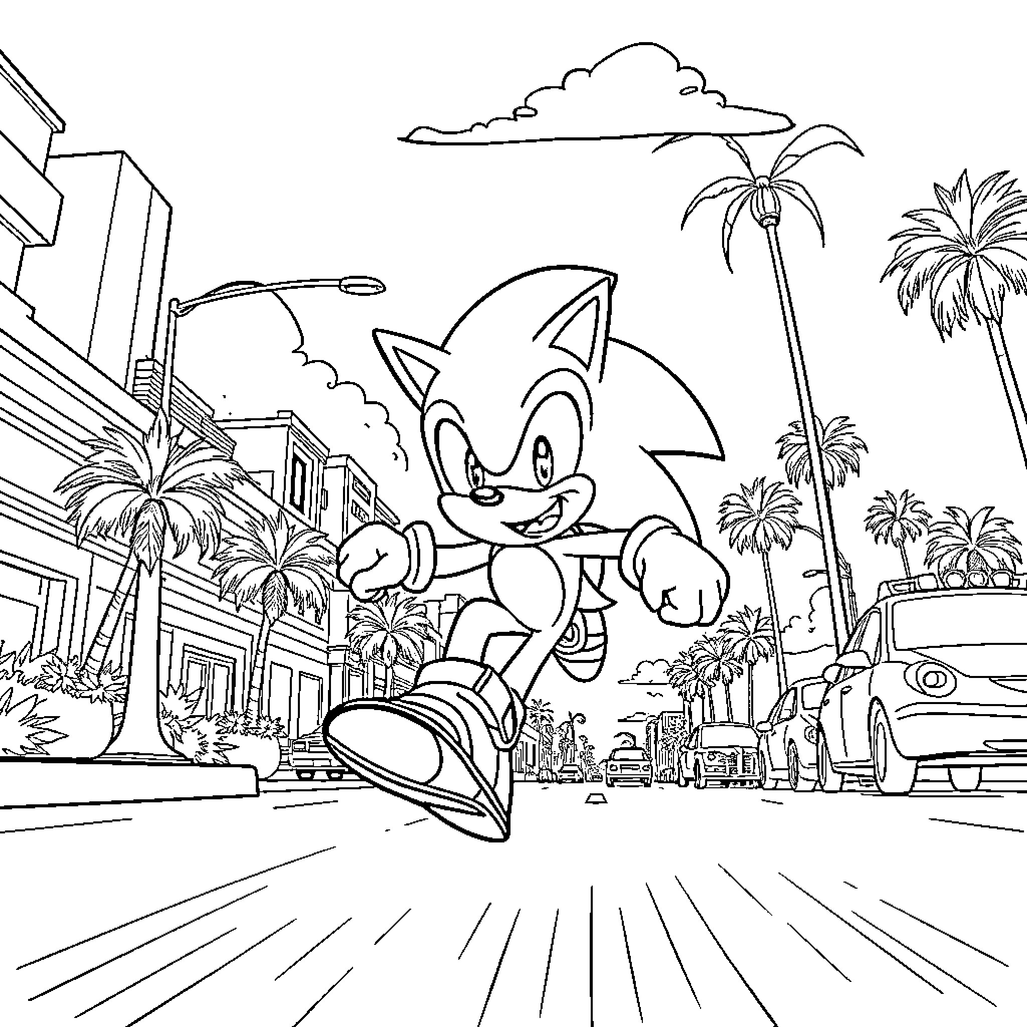 Sonic racing through a lively coastal town Coloring Page (free black-and-white line drawing printable PDF for all, from beginners to advanced learners, including children, teens, adults, and seniors)
