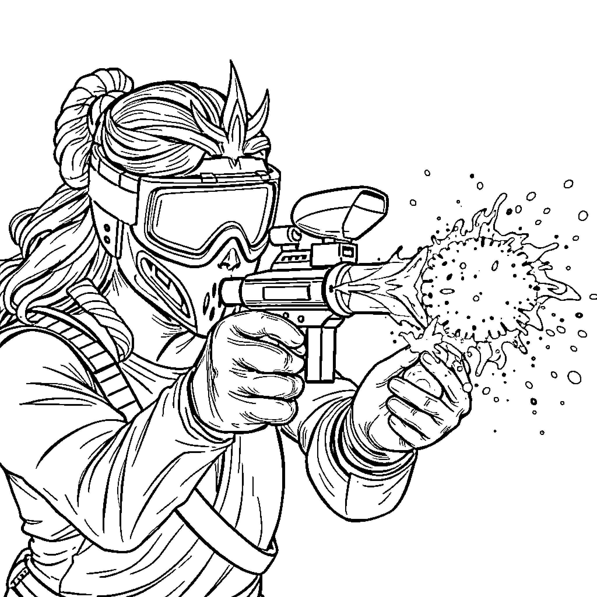 Artemis the Brave Warrior Wielding Futuristic Weapon Coloring Page (free black-and-white line drawing printable PDF for all, from beginners to advanced learners, including children, teens, adults, and seniors)