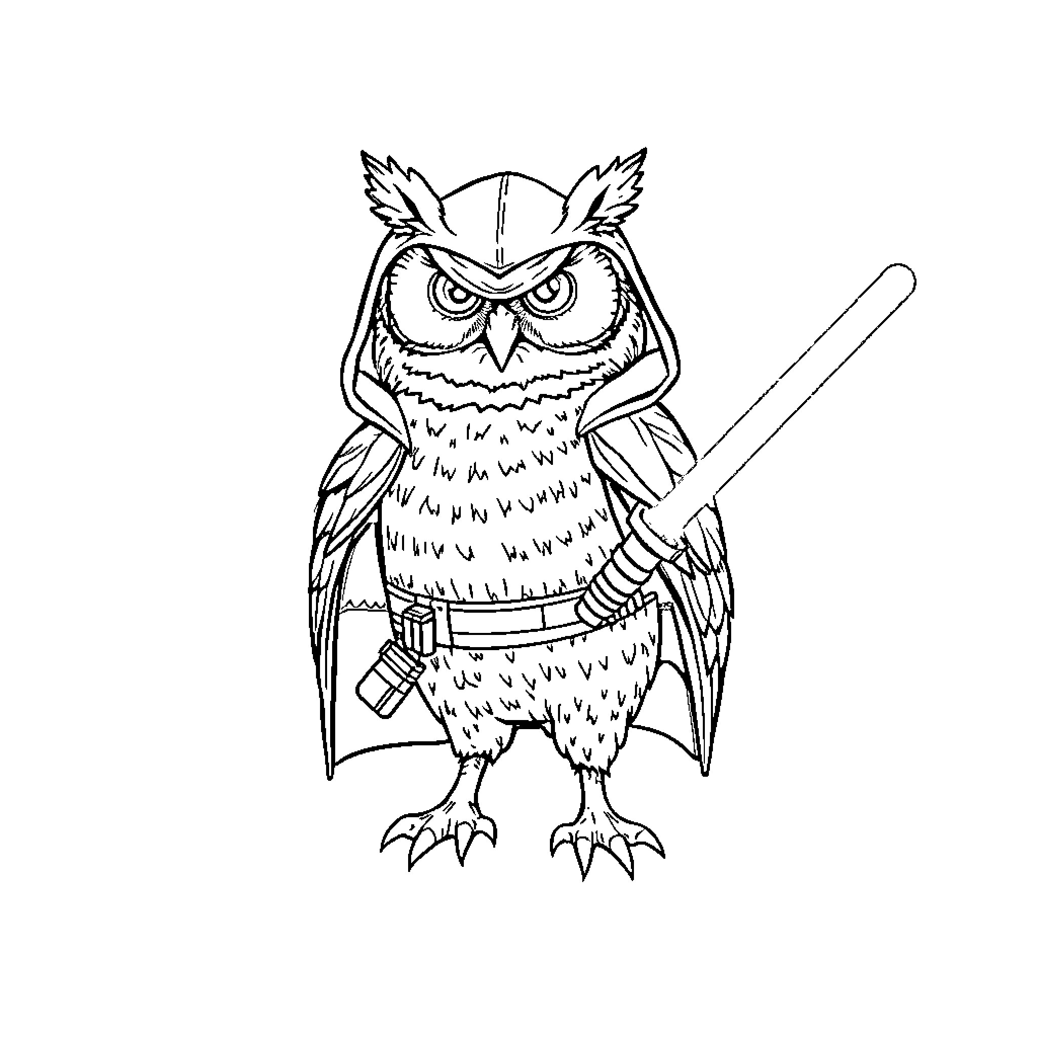 Owl Warrior Wielding a Sword Coloring Page (free black-and-white line drawing printable PDF for all, from beginners to advanced learners, including children, teens, adults, and seniors)