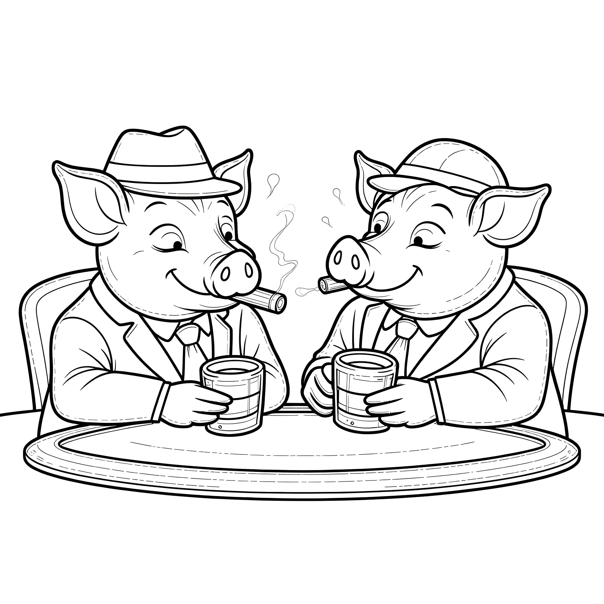 Pigs enjoying coffee together in business attire Coloring Page (free black-and-white line drawing printable PDF for all, from beginners to advanced learners, including children, teens, adults, and seniors)
