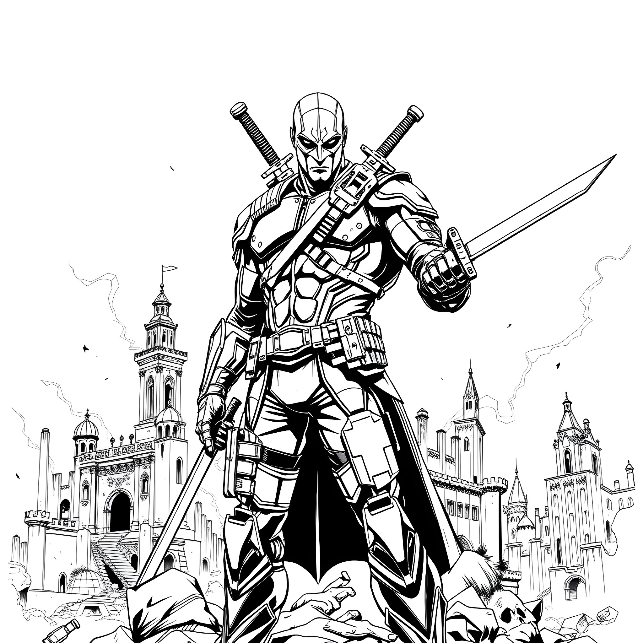 Deathstroke in action, wielding swords and weapons Coloring Page (free black-and-white line drawing printable PDF for all, from beginners to advanced learners, including children, teens, adults, and seniors)