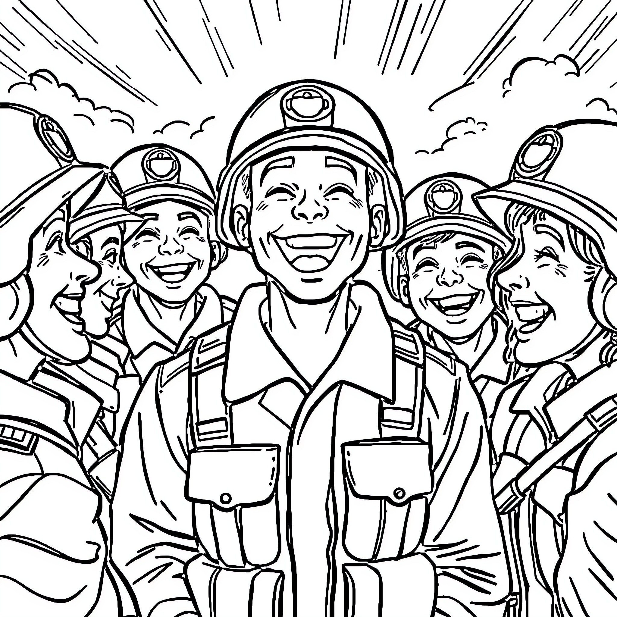 Soldiers posing with cheerful expressions Coloring Page (free black-and-white line drawing printable PDF for all, from beginners to advanced learners, including children, teens, adults, and seniors)