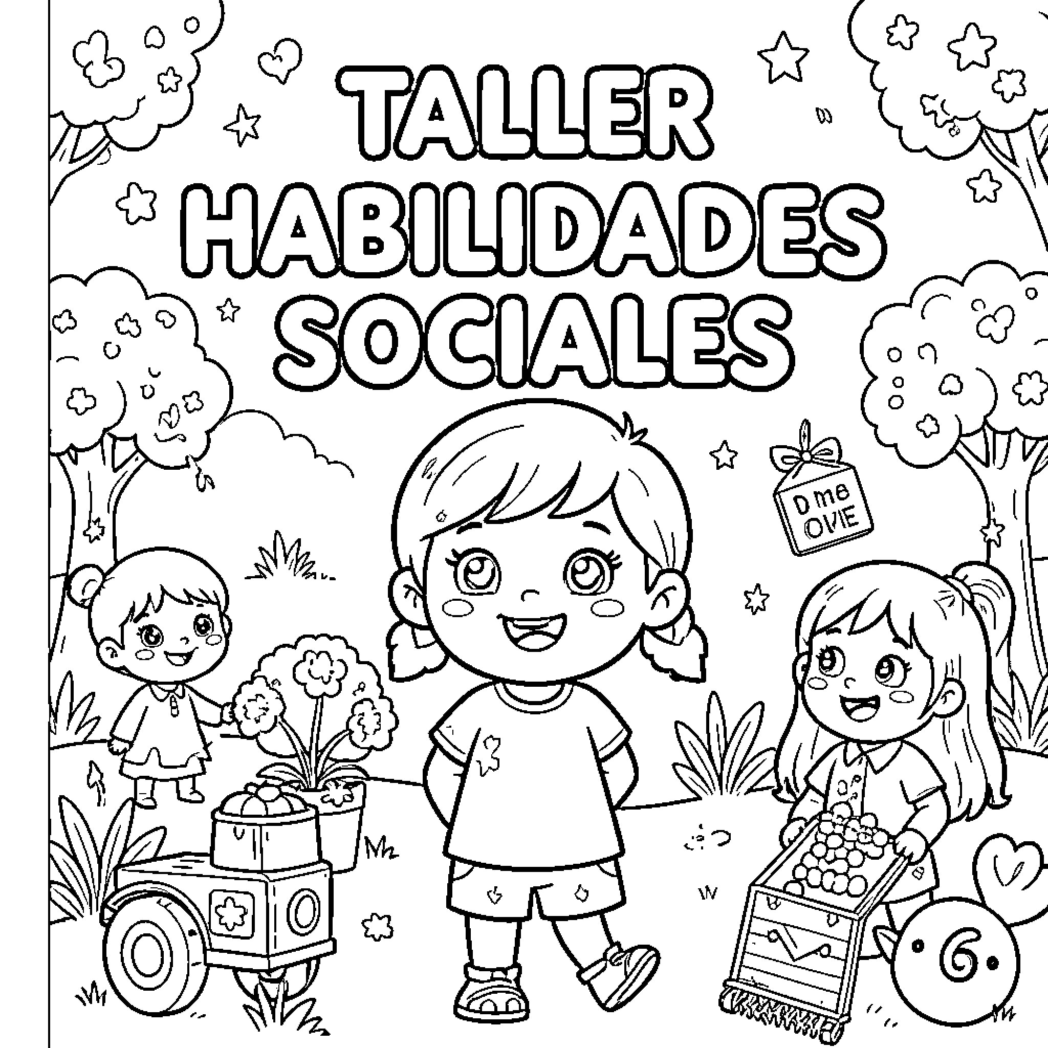 Social Skills showing children playing happily outdoors Coloring Page (free black-and-white line drawing printable PDF for all, from beginners to advanced learners, including children, teens, adults, and seniors)