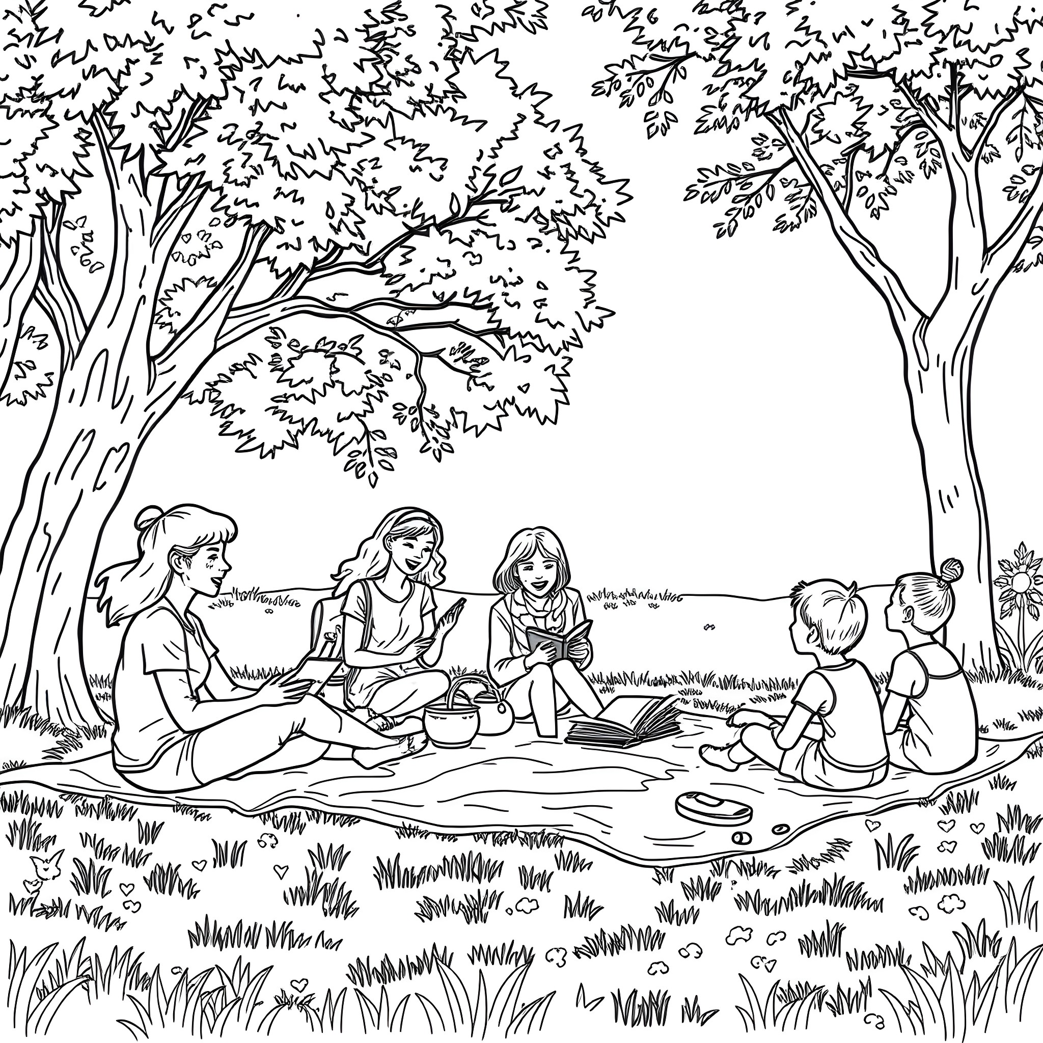 Teacher leading an outdoor classroom in nature Coloring Page (free black-and-white line drawing printable PDF for all, from beginners to advanced learners, including children, teens, adults, and seniors)