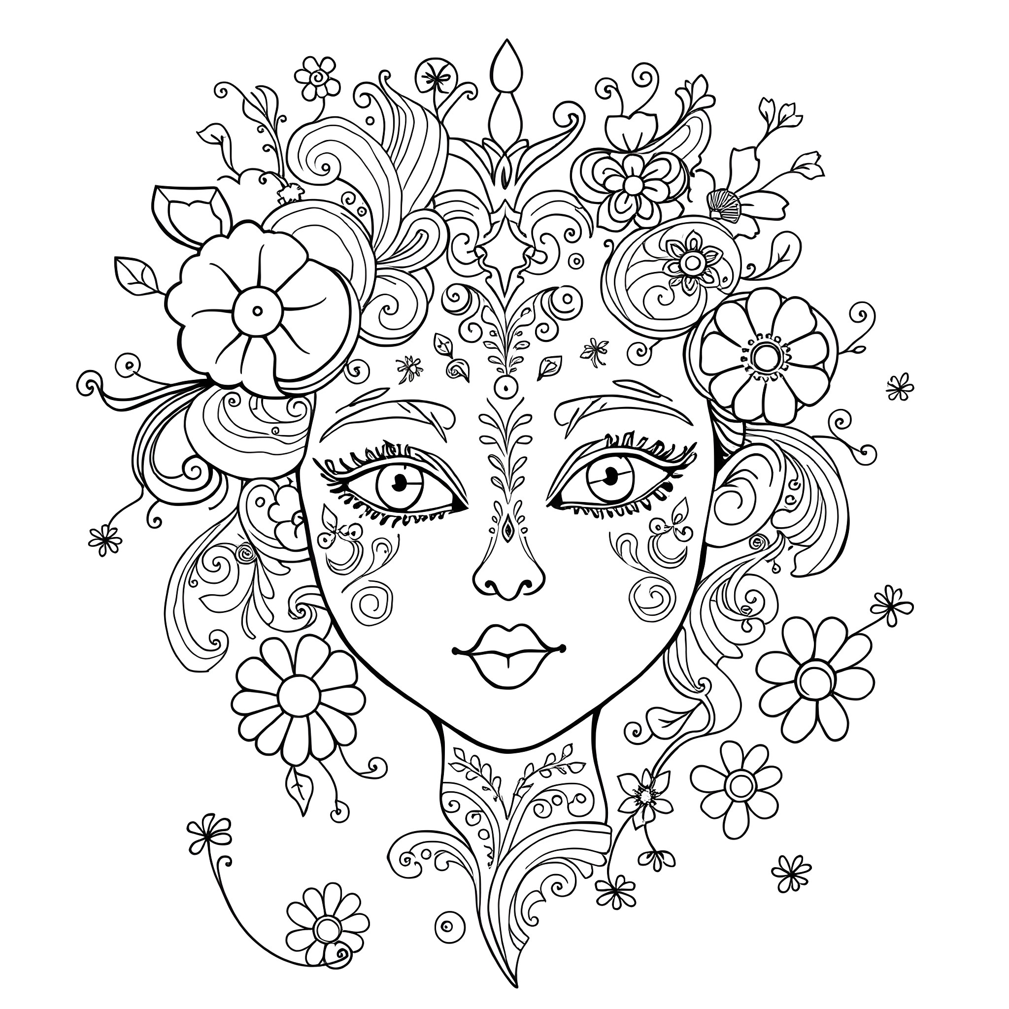 Paisley Floral Face with Expressive Features Coloring Page (free black-and-white line drawing printable PDF for all, from beginners to advanced learners, including children, teens, adults, and seniors)