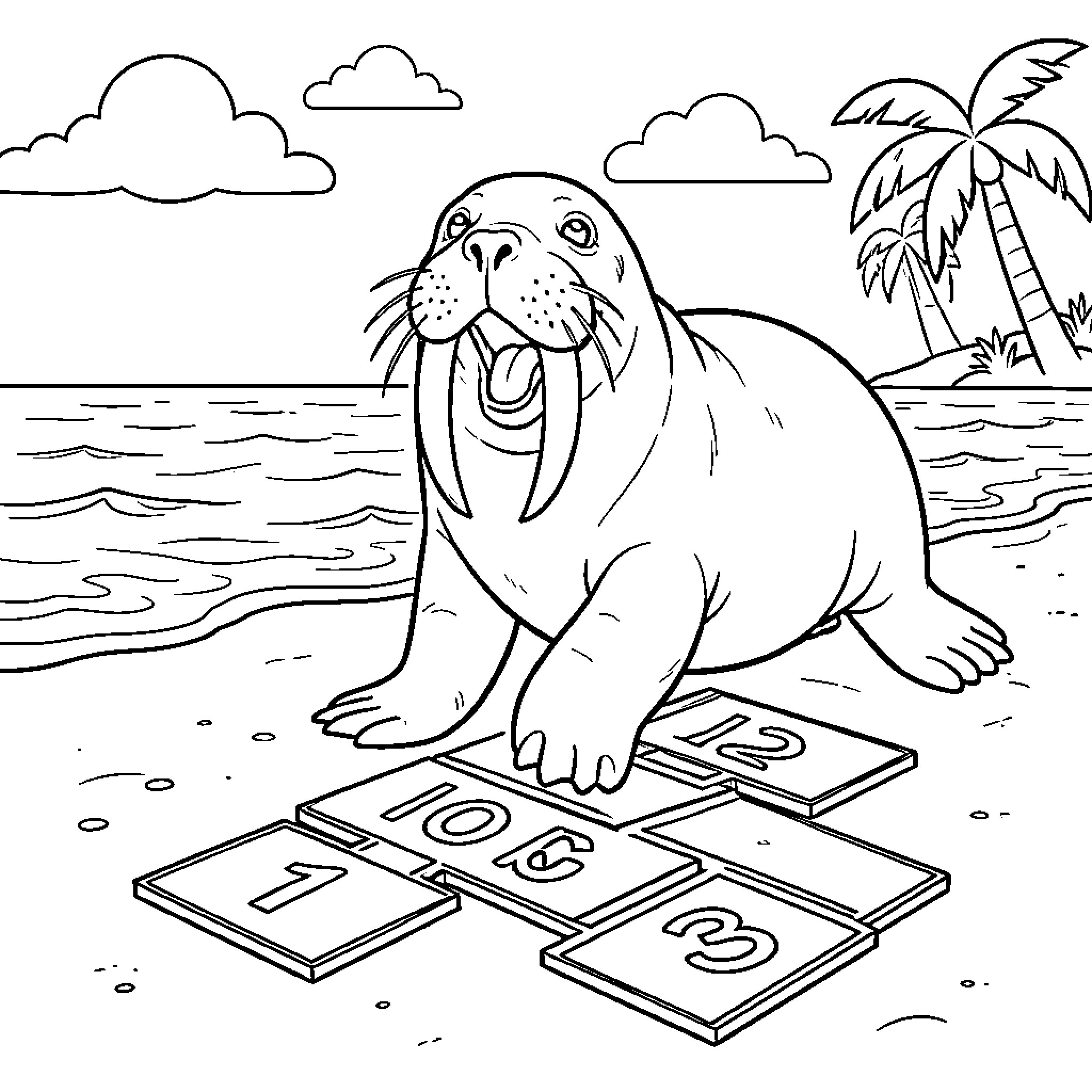 Walrus playing hopscotch on a tropical beach Coloring Page (free black-and-white line drawing printable PDF for all, from beginners to advanced learners, including children, teens, adults, and seniors)
