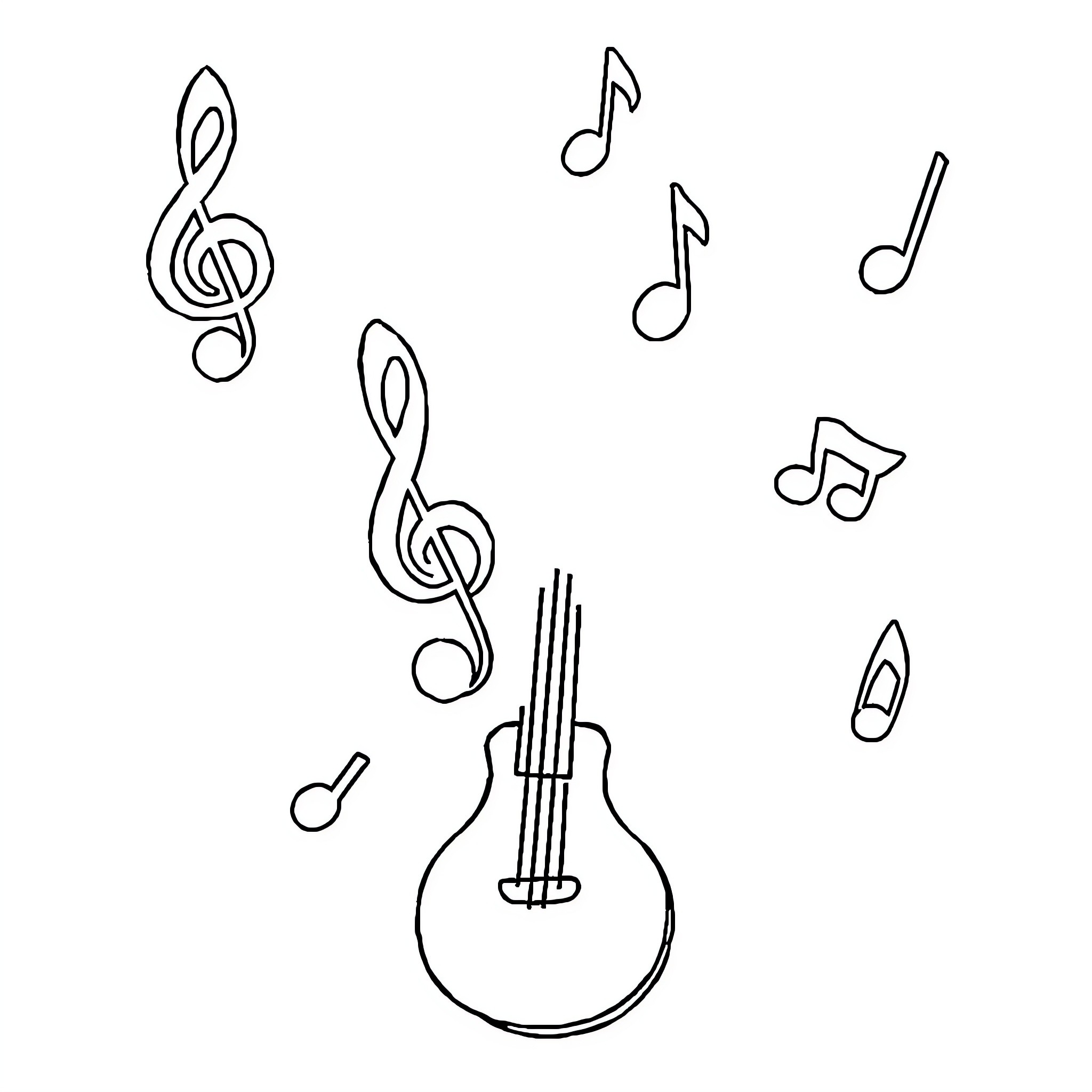 Music notes and guitar silhouette Coloring Page (free black-and-white line drawing printable PDF for all, from beginners to advanced learners, including children, teens, adults, and seniors)