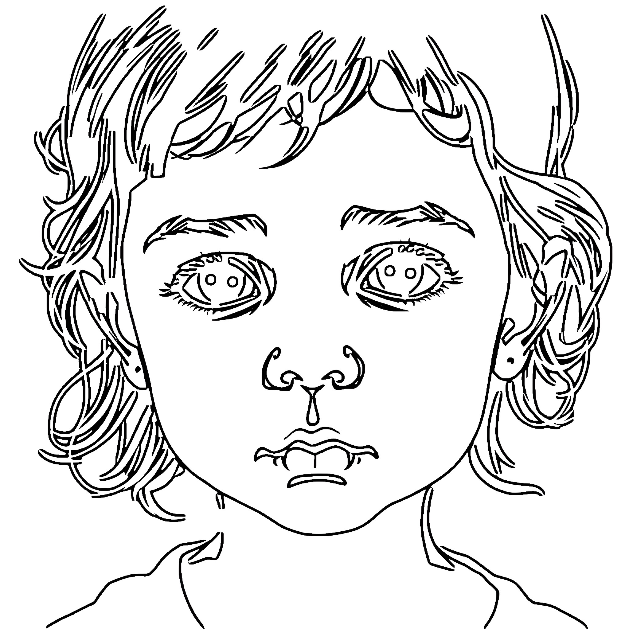 Child with expressive facial features Coloring Page (free black-and-white line drawing printable PDF for all, from beginners to advanced learners, including children, teens, adults, and seniors)