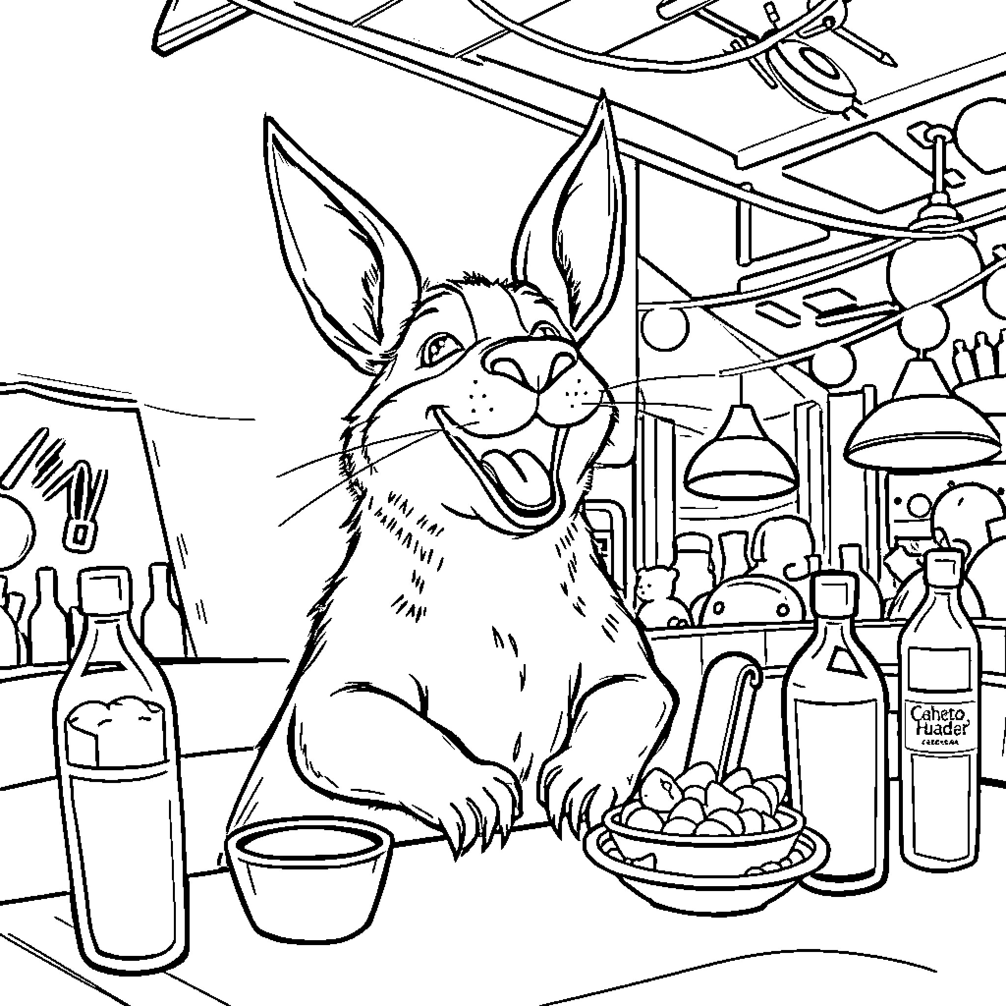 Perro enjoying a tasty meal in the kitchen Coloring Page (free black-and-white line drawing printable PDF for all, from beginners to advanced learners, including children, teens, adults, and seniors)