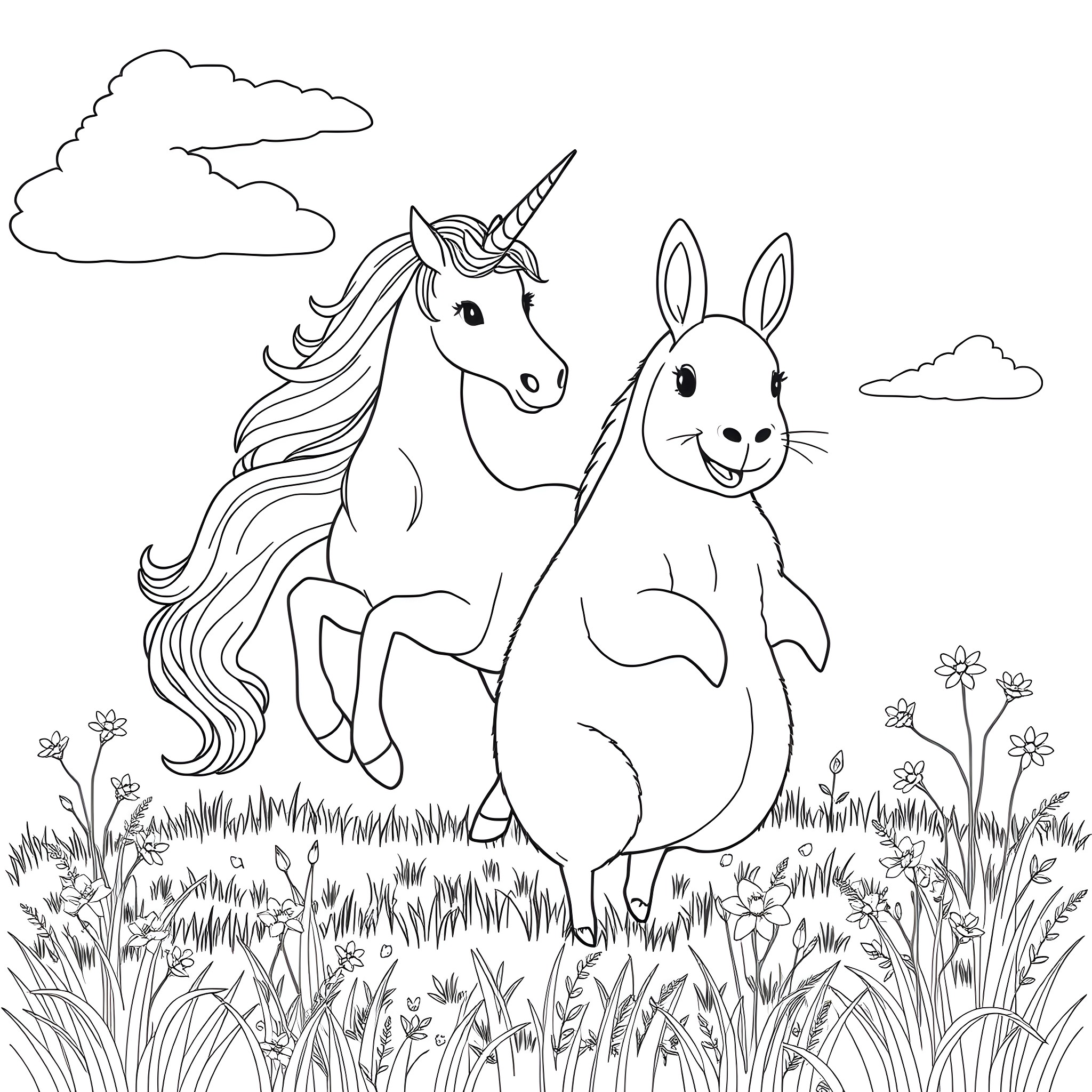 Unicorn and Rabbit Enjoying Nature's Beauty Coloring Page (free black-and-white line drawing printable PDF for all, from beginners to advanced learners, including children, teens, adults, and seniors)