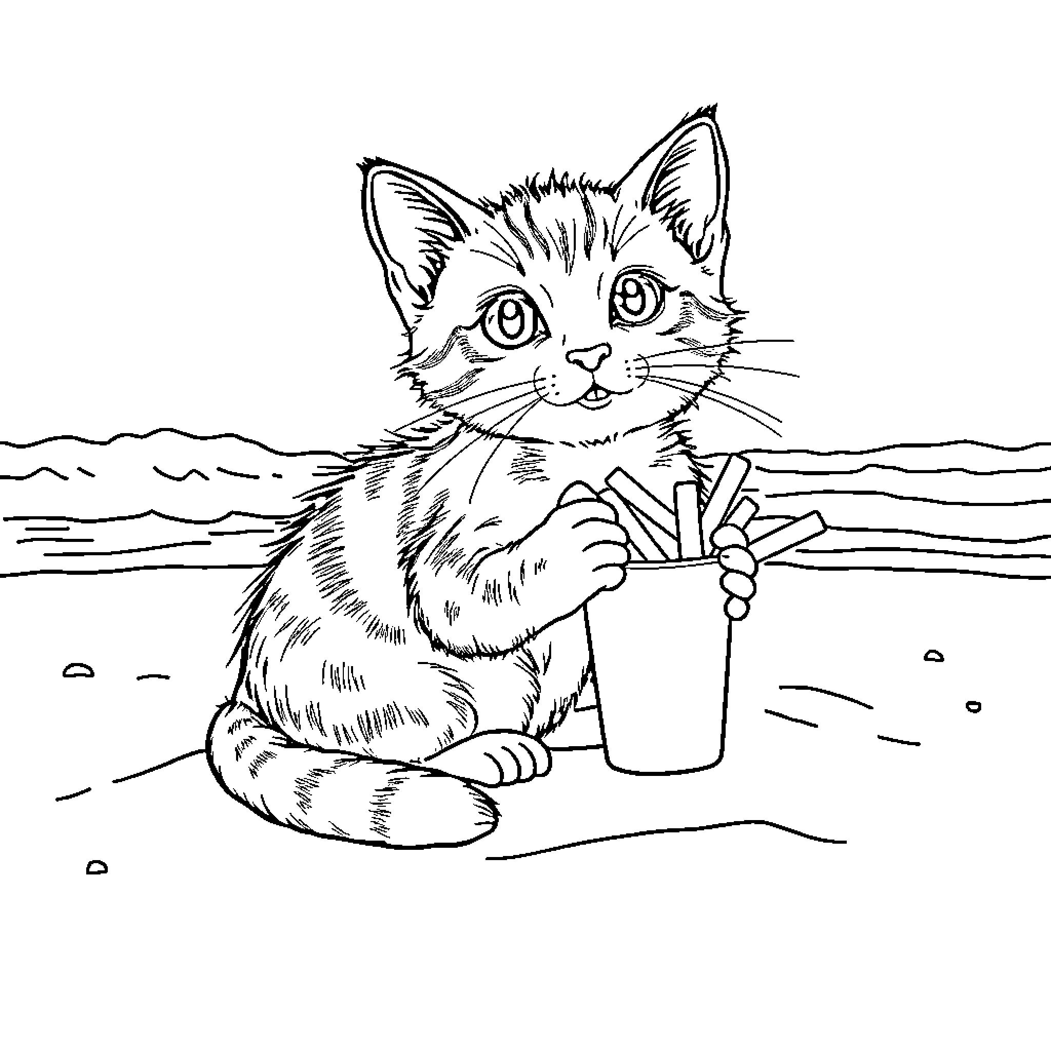 Kitten enjoying a refreshing drink on the beach Coloring Page (free black-and-white line drawing printable PDF for all, from beginners to advanced learners, including children, teens, adults, and seniors)
