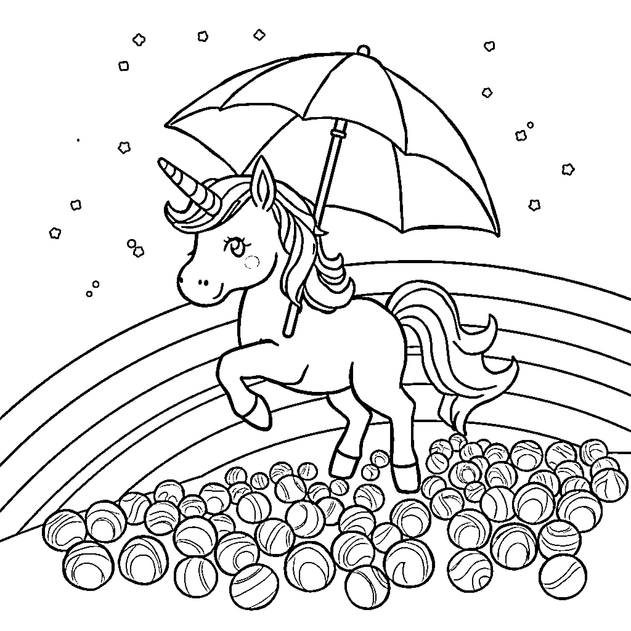 Unicorn riding under umbrella in rainy fantasy landscape Coloring Page (free black-and-white line drawing printable PDF for all, from beginners to advanced learners, including children, teens, adults, and seniors)