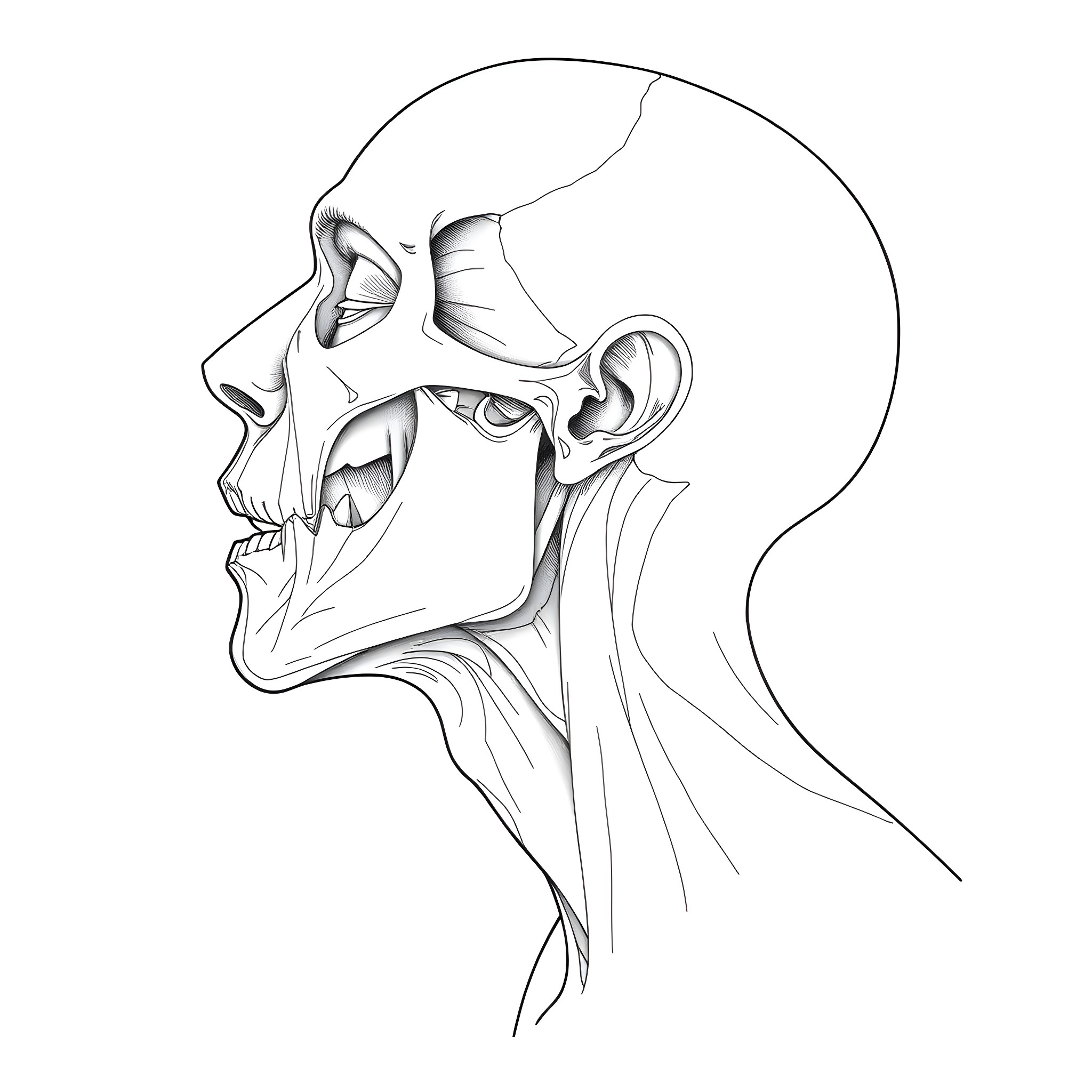 Human Anatomy - Skull with Grotesque Facial Expression Coloring Page (free black-and-white line drawing printable PDF for all, from beginners to advanced learners, including children, teens, adults, and seniors)