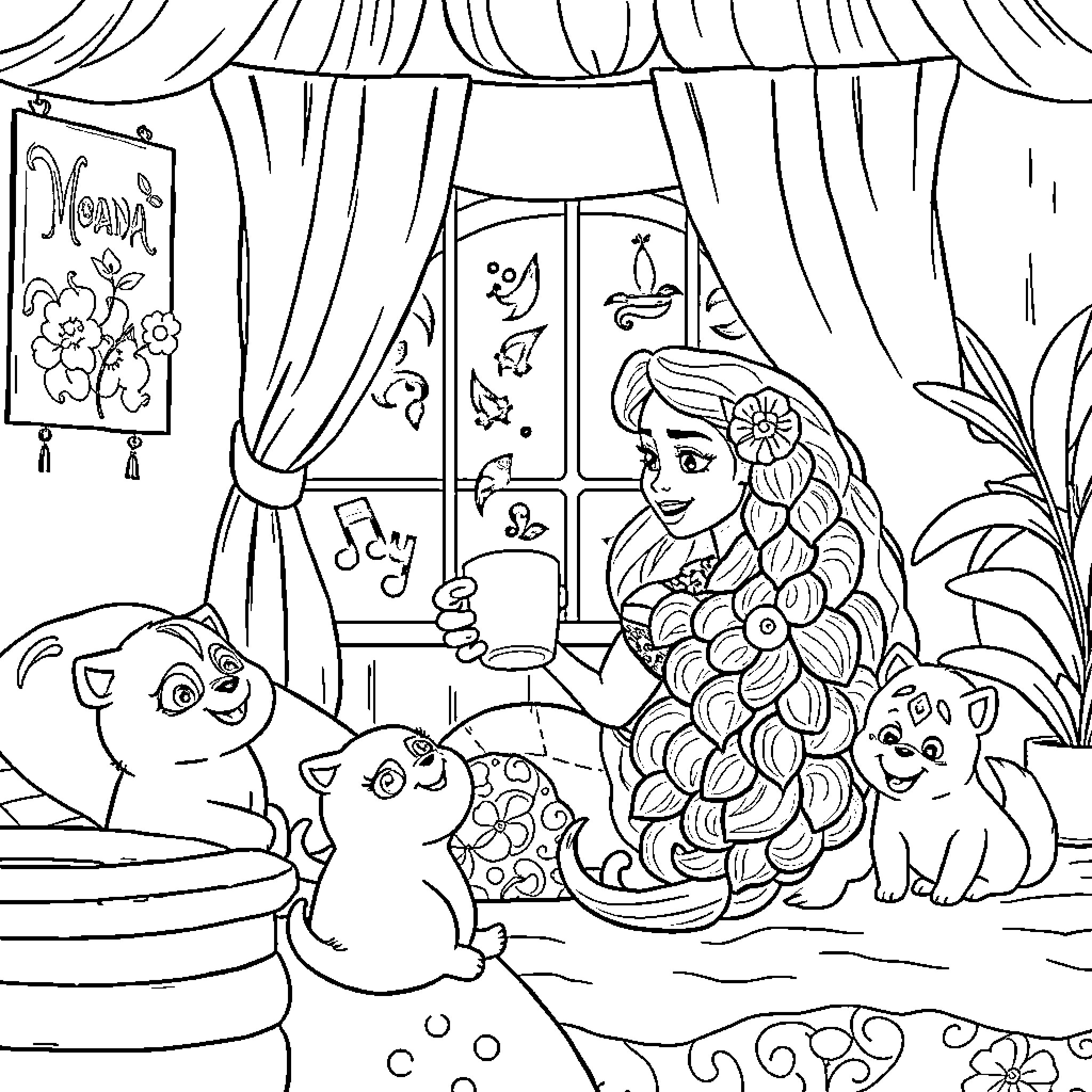 Princess enjoying tea party with animal friends Coloring Page (free black-and-white line drawing printable PDF for all, from beginners to advanced learners, including children, teens, adults, and seniors)