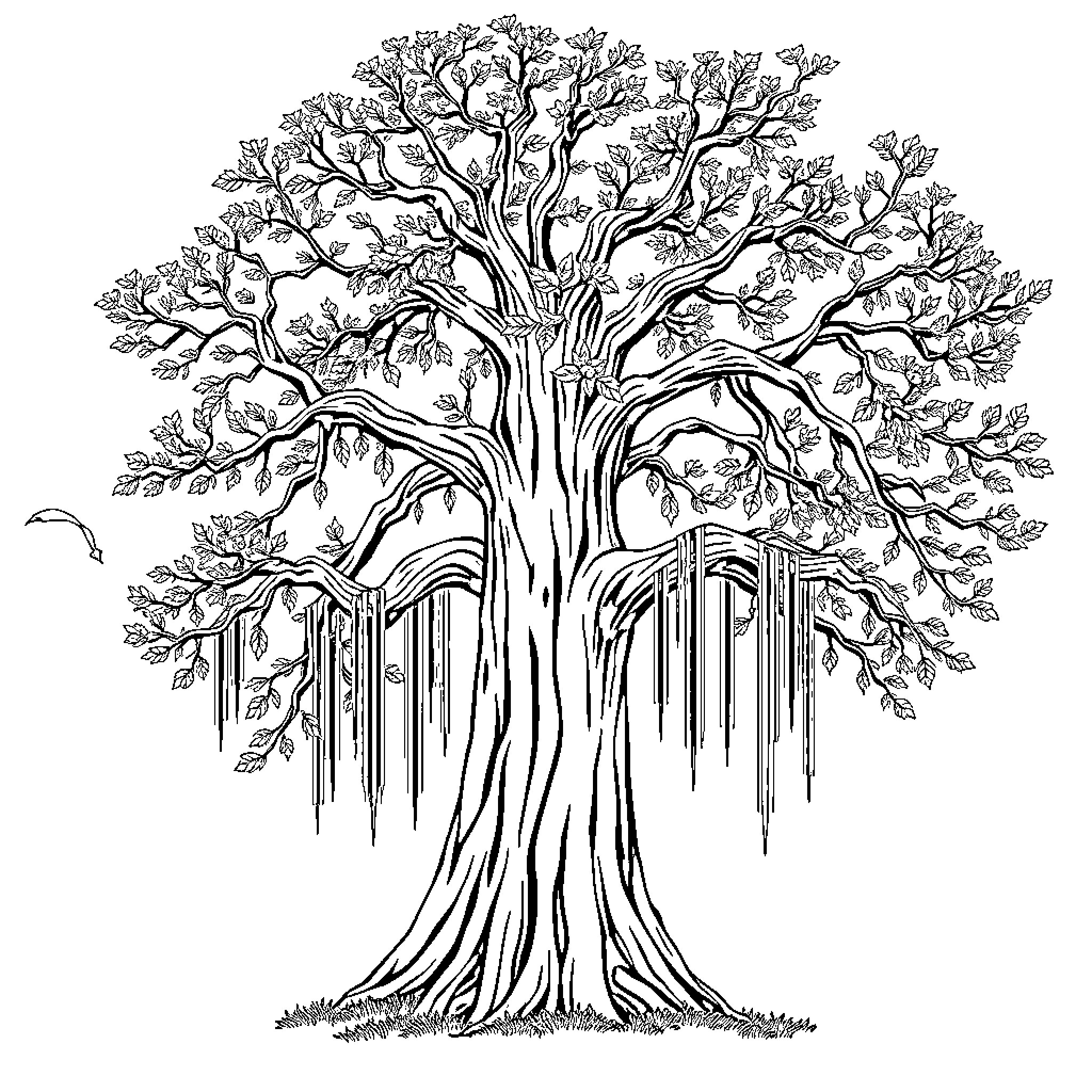 Tree of life with intricate branches and leaves Coloring Page (free black-and-white line drawing printable PDF for all, from beginners to advanced learners, including children, teens, adults, and seniors)