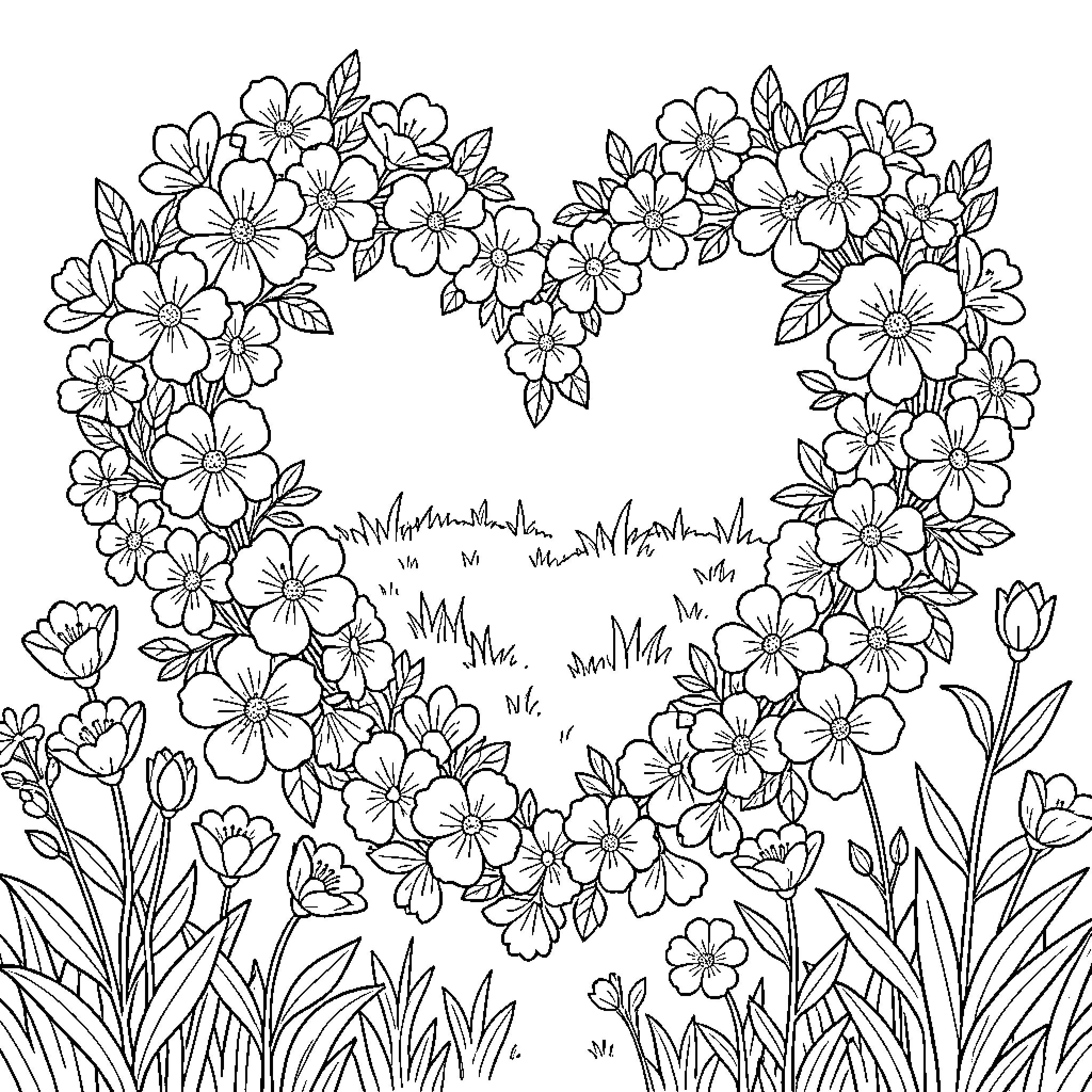 Heart shaped wreath made of blooming flowers Coloring Page (free black-and-white line drawing printable PDF for all, from beginners to advanced learners, including children, teens, adults, and seniors)