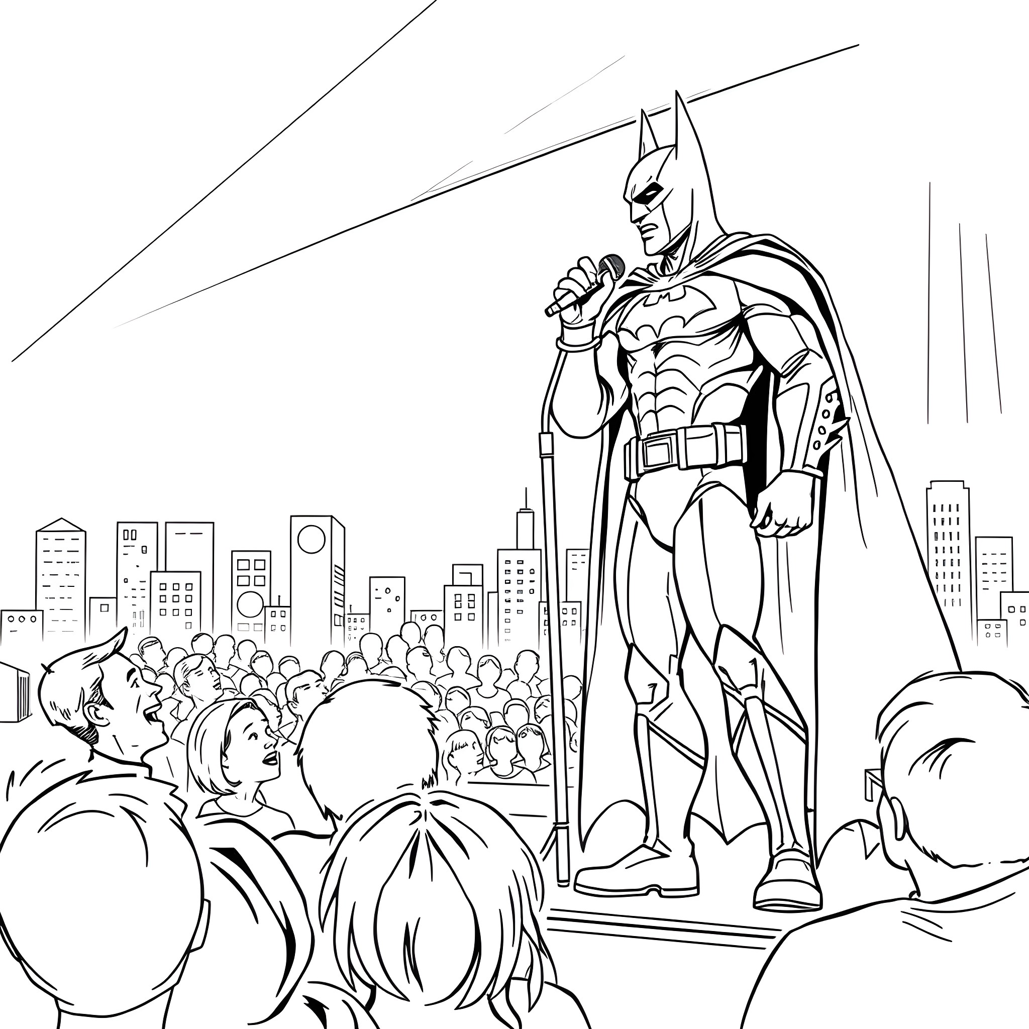 Jess Murphie as the Caped Crusader addressing the crowd Coloring Page (free black-and-white line drawing printable PDF for all, from beginners to advanced learners, including children, teens, adults, and seniors)