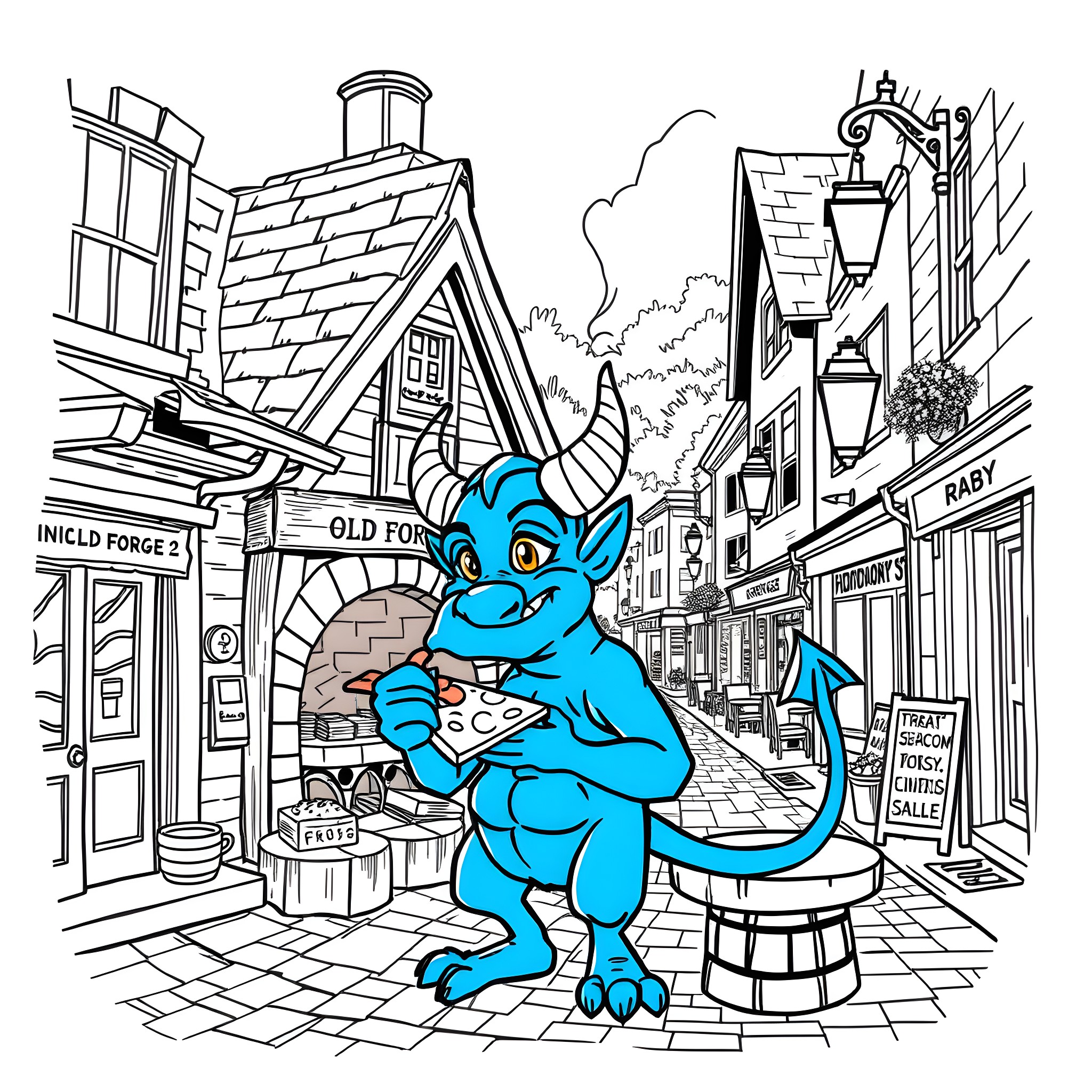 Devil's Mischievous Antics in the Old Town Coloring Page (free black-and-white line drawing printable PDF for all, from beginners to advanced learners, including children, teens, adults, and seniors)