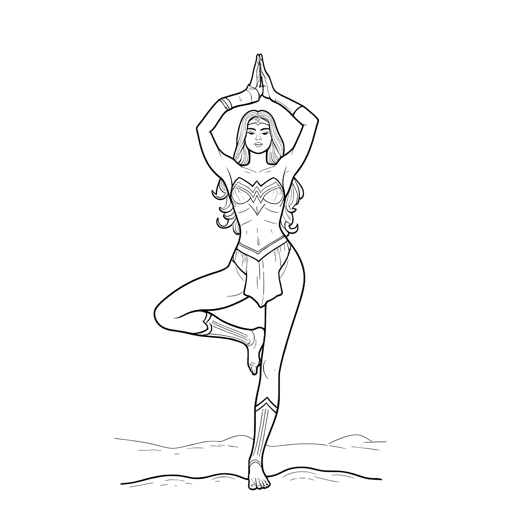 Wonder Woman in Yoga Pose Coloring Page (free black-and-white line drawing printable PDF for all, from beginners to advanced learners, including children, teens, adults, and seniors)