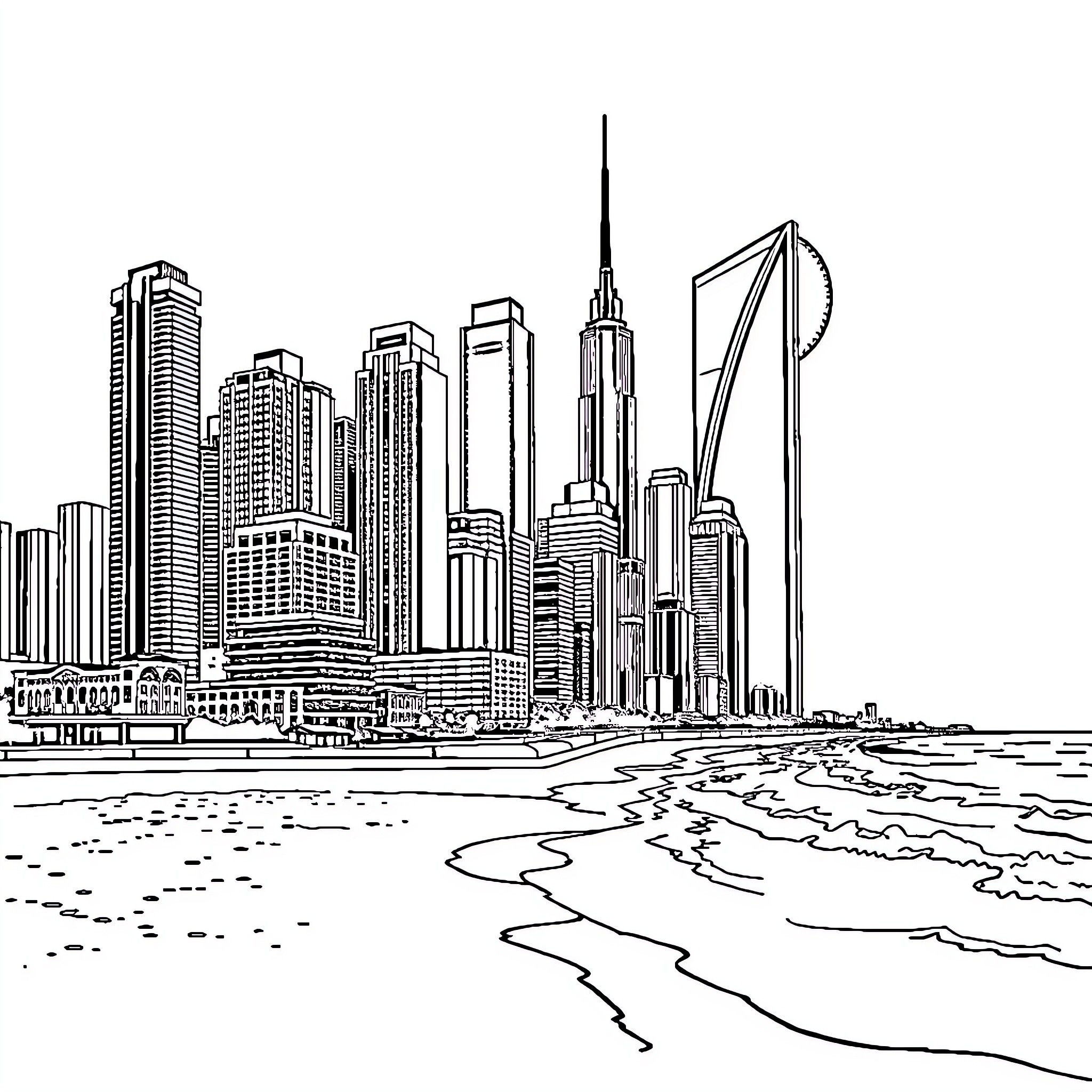 City skyline with modern architecture and waterfront Coloring Page (free black-and-white line drawing printable PDF for all, from beginners to advanced learners, including children, teens, adults, and seniors)