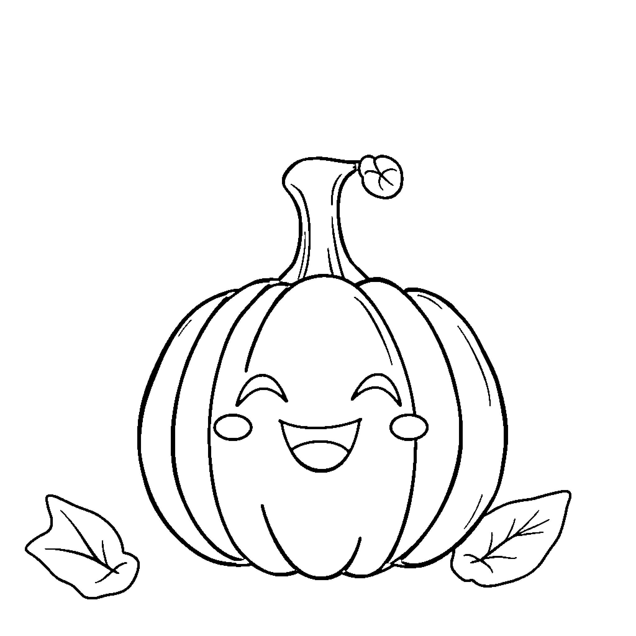 Pumpkin with a Cheerful Smile Coloring Page (free black-and-white line drawing printable PDF for all, from beginners to advanced learners, including children, teens, adults, and seniors)
