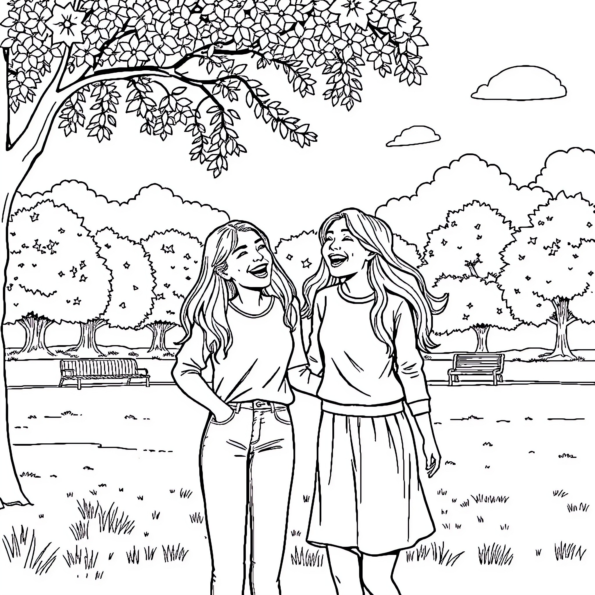 Girls enjoying nature and each other's company Coloring Page (free black-and-white line drawing printable PDF for all, from beginners to advanced learners, including children, teens, adults, and seniors)
