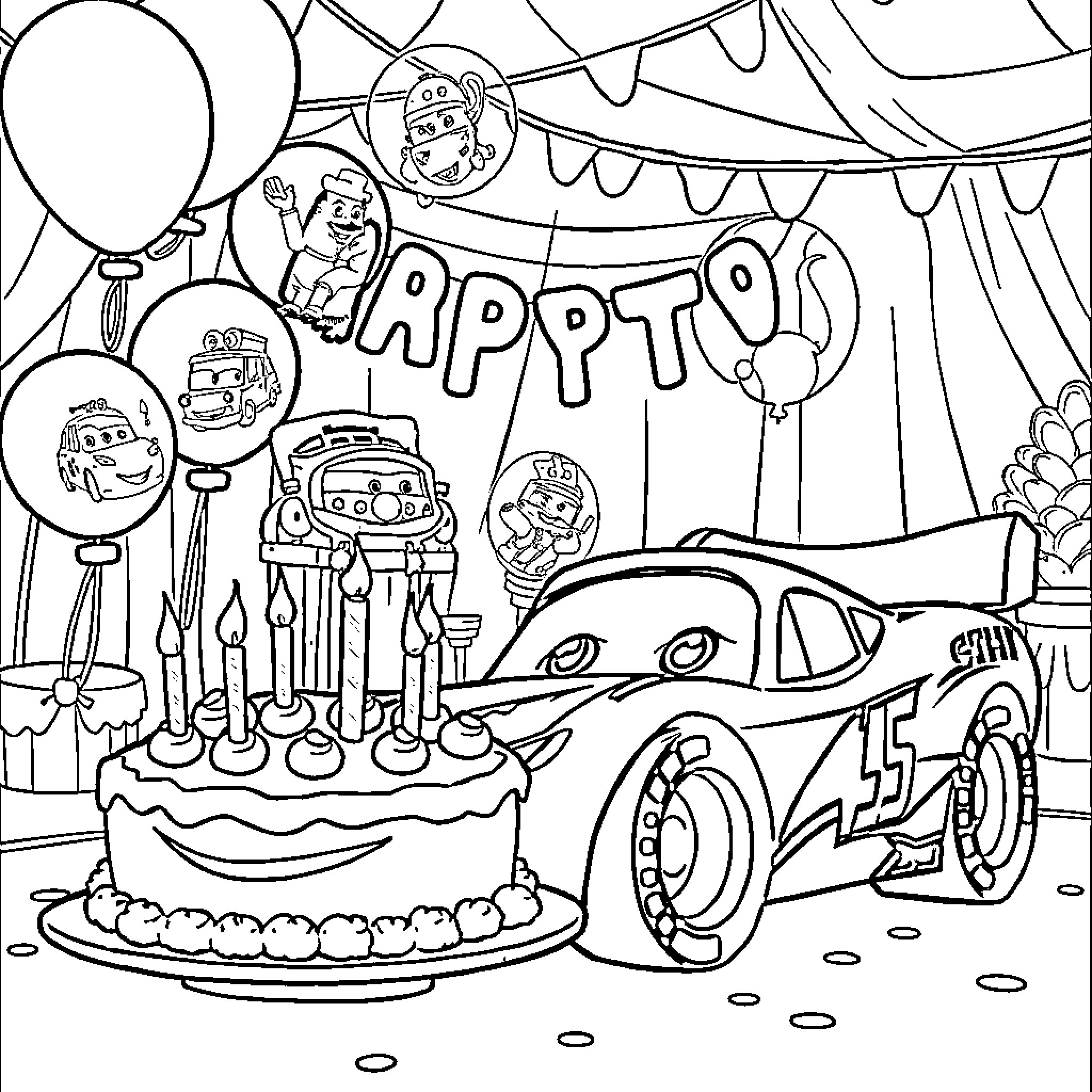Cars celebrating a birthday party with balloons and decorations Coloring Page (free black-and-white line drawing printable PDF for all, from beginners to advanced learners, including children, teens, adults, and seniors)