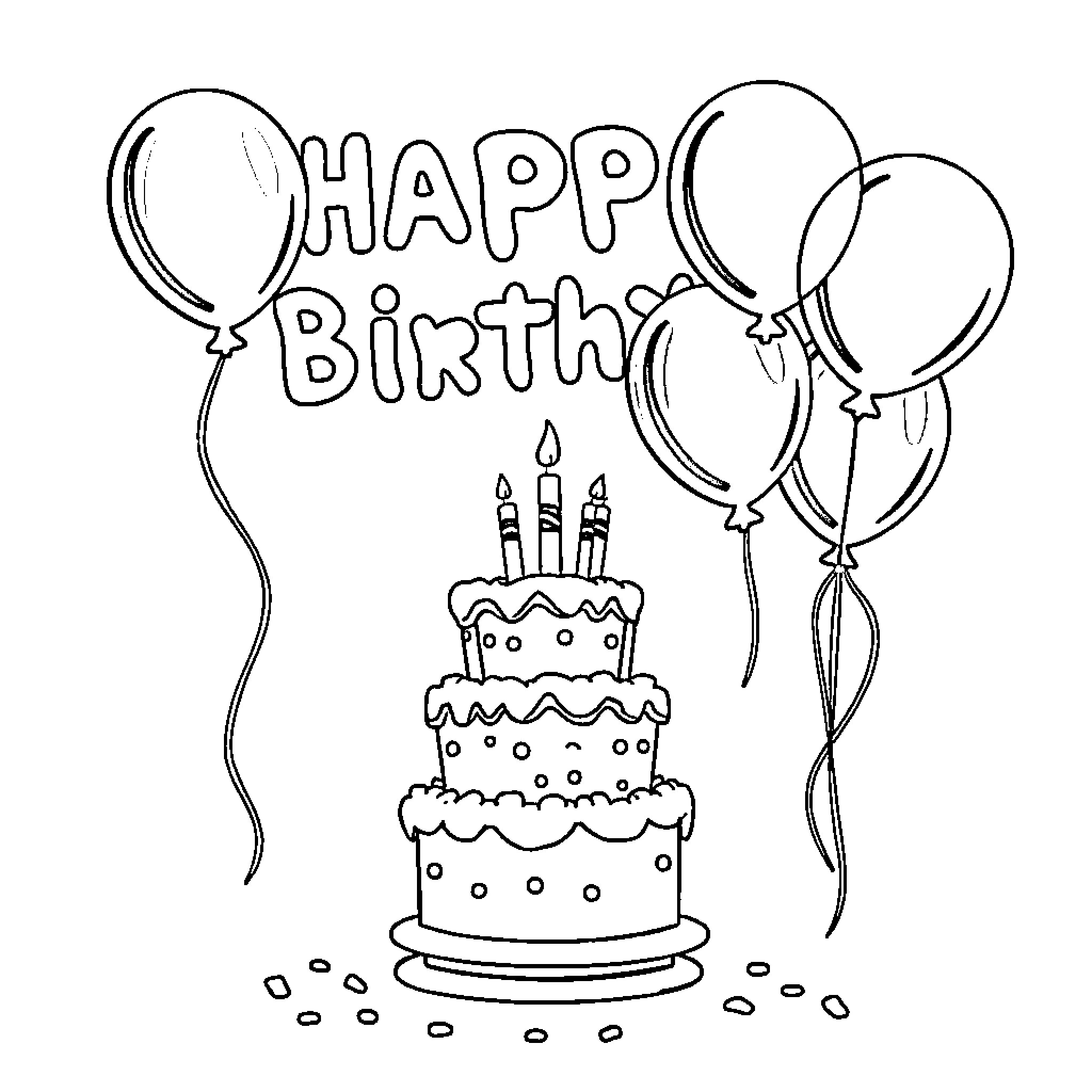 Crayon Happy Birthday Celebration with Cake and Balloons Coloring Page (free black-and-white line drawing printable PDF for all, from beginners to advanced learners, including children, teens, adults, and seniors)