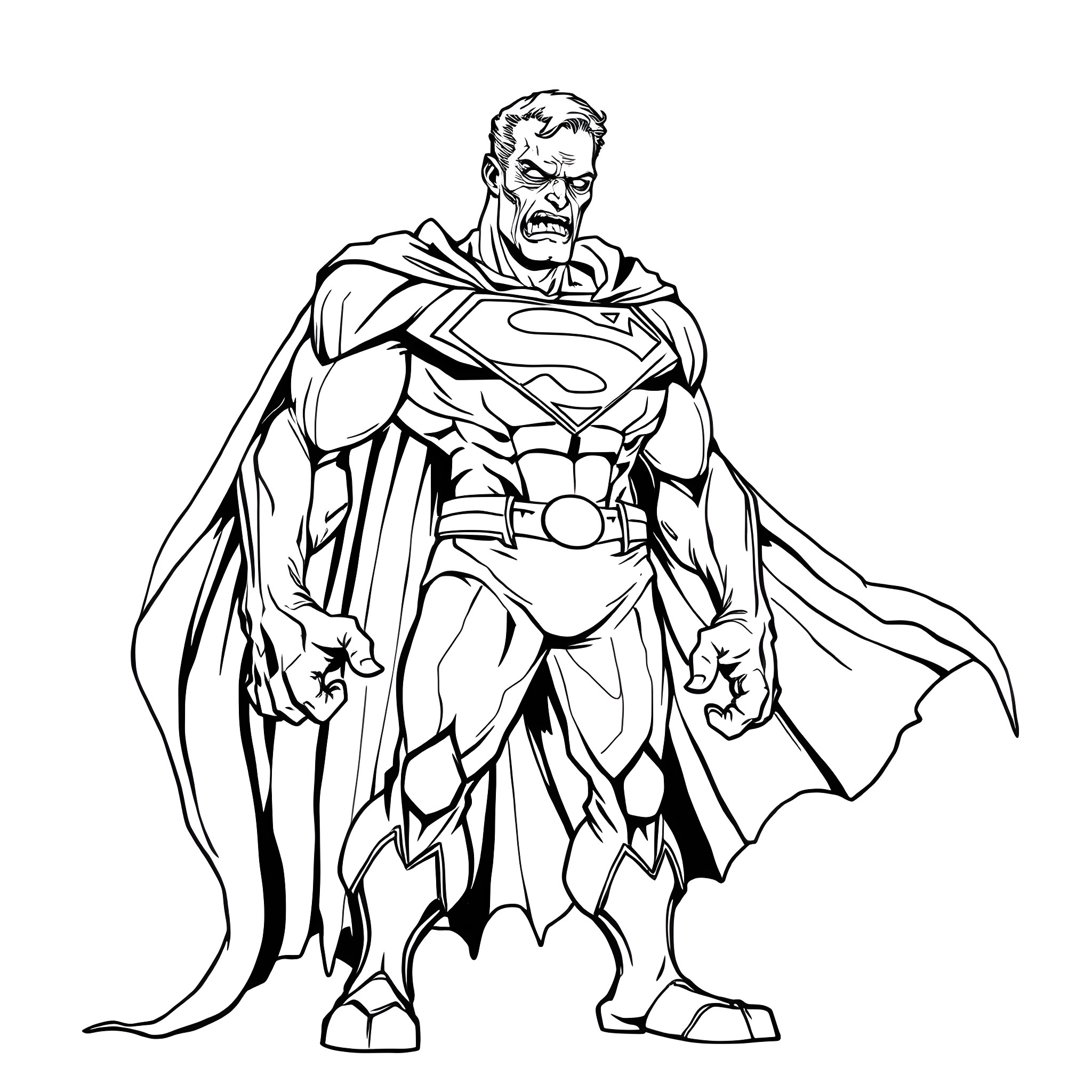 Bizarro Superman in heroic pose Coloring Page (free black-and-white line drawing printable PDF for all, from beginners to advanced learners, including children, teens, adults, and seniors)