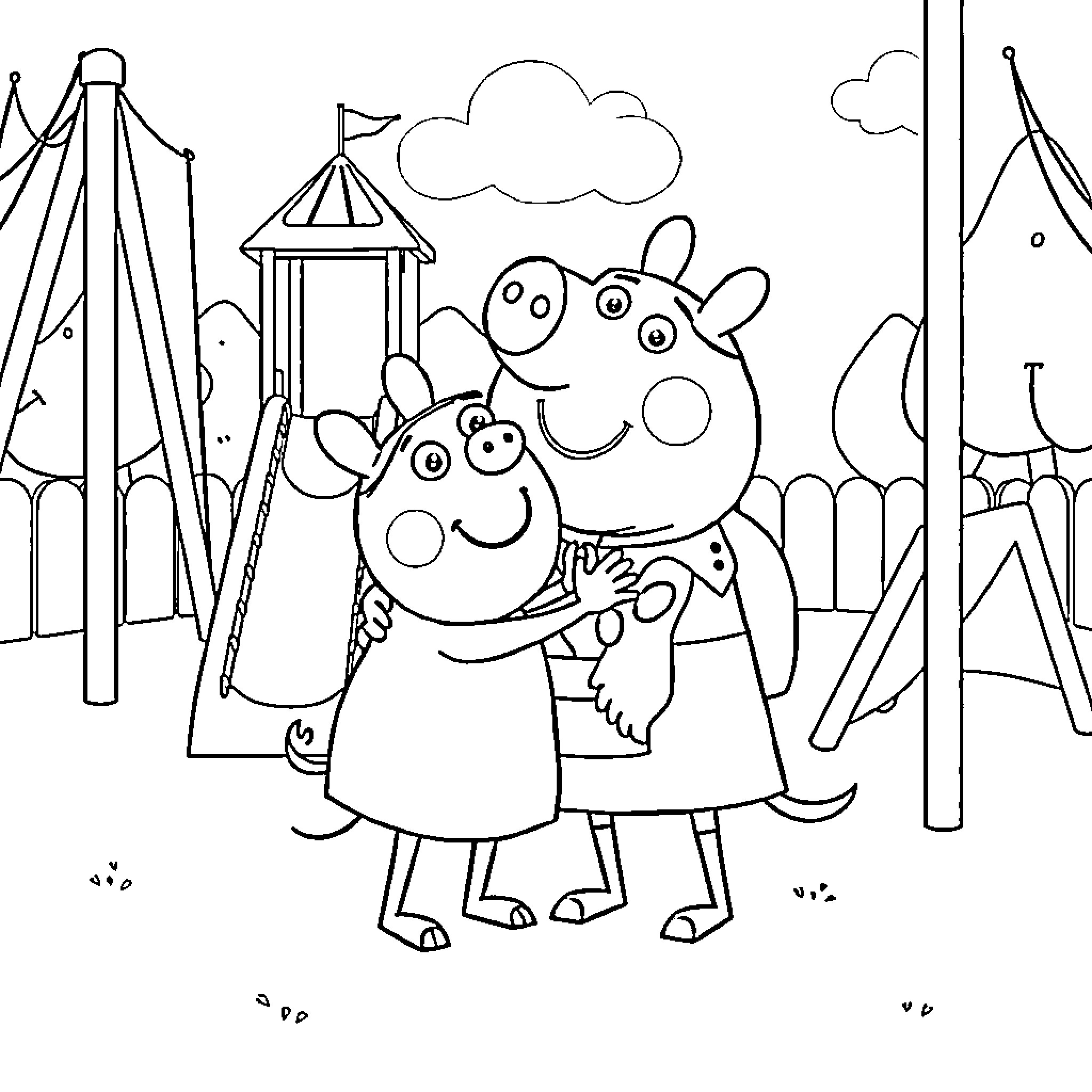 Peppa Pig and friends exploring the playground Coloring Page (free black-and-white line drawing printable PDF for all, from beginners to advanced learners, including children, teens, adults, and seniors)