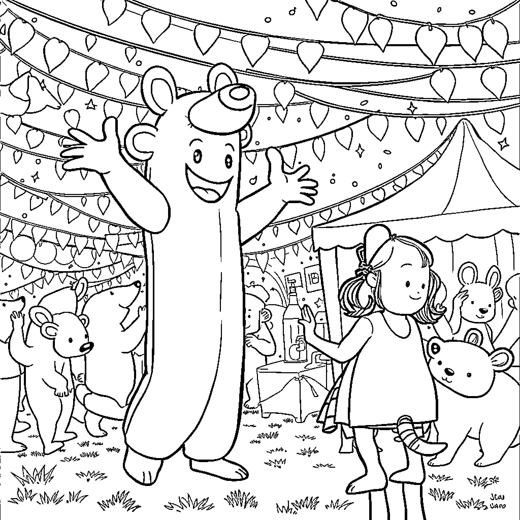 Tube Man Joyfully Celebrating with Children and Animals Coloring Page (free black-and-white line drawing printable PDF for all, from beginners to advanced learners, including children, teens, adults, and seniors)