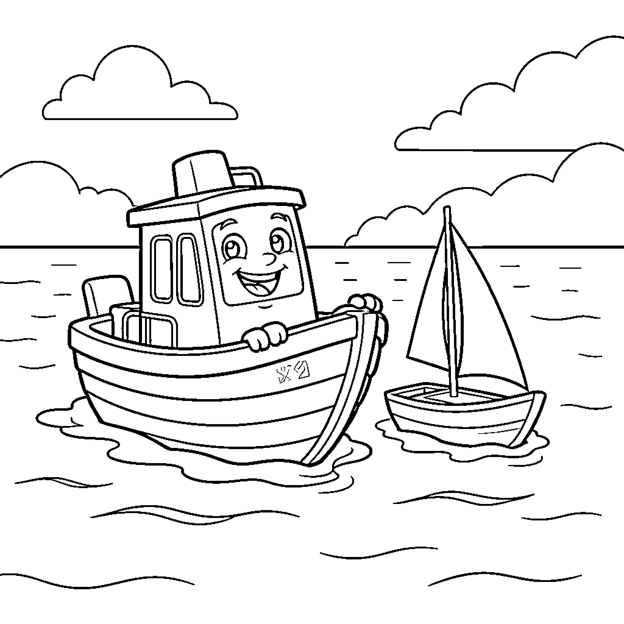 Boat smiling happily while sailing on the ocean Coloring Page (free black-and-white line drawing printable PDF for all, from beginners to advanced learners, including children, teens, adults, and seniors)