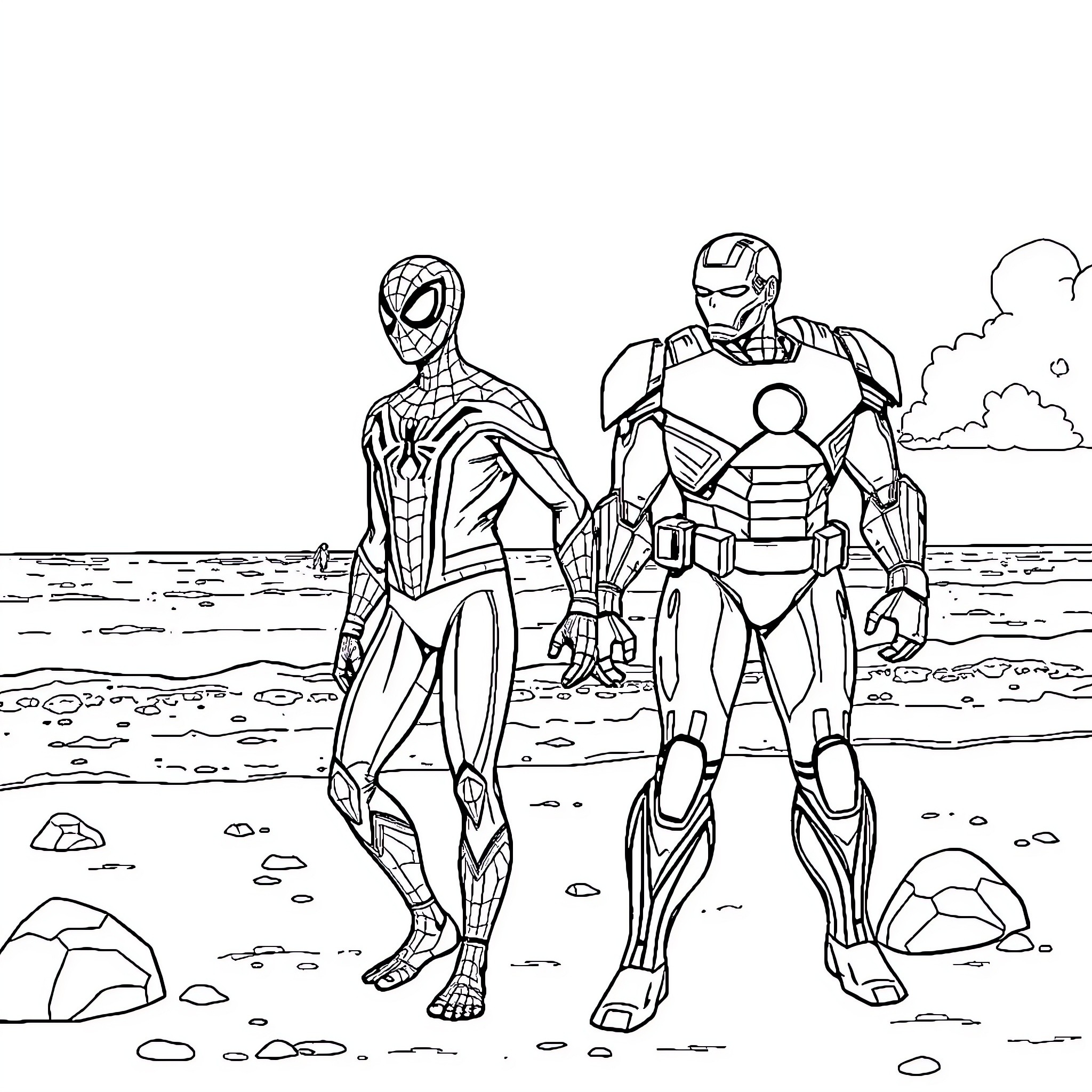 Marvel Heroes in Action on the Beach Coloring Page (free black-and-white line drawing printable PDF for all, from beginners to advanced learners, including children, teens, adults, and seniors)