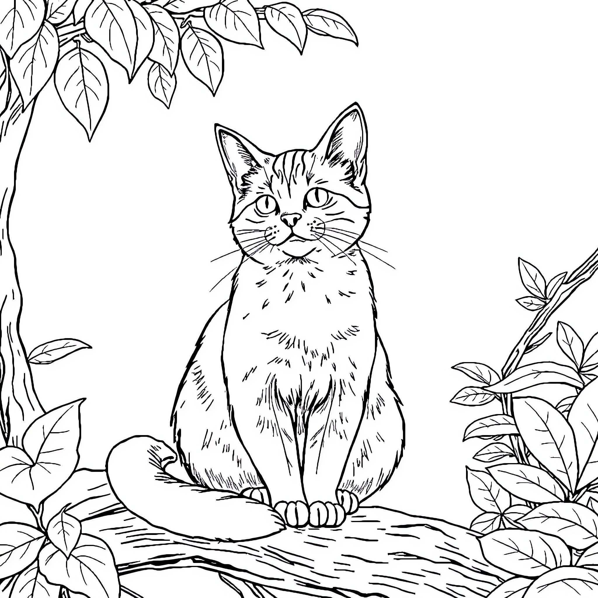 Cat in a Naturalistic Setting Coloring Page (free black-and-white line drawing printable PDF for all, from beginners to advanced learners, including children, teens, adults, and seniors)