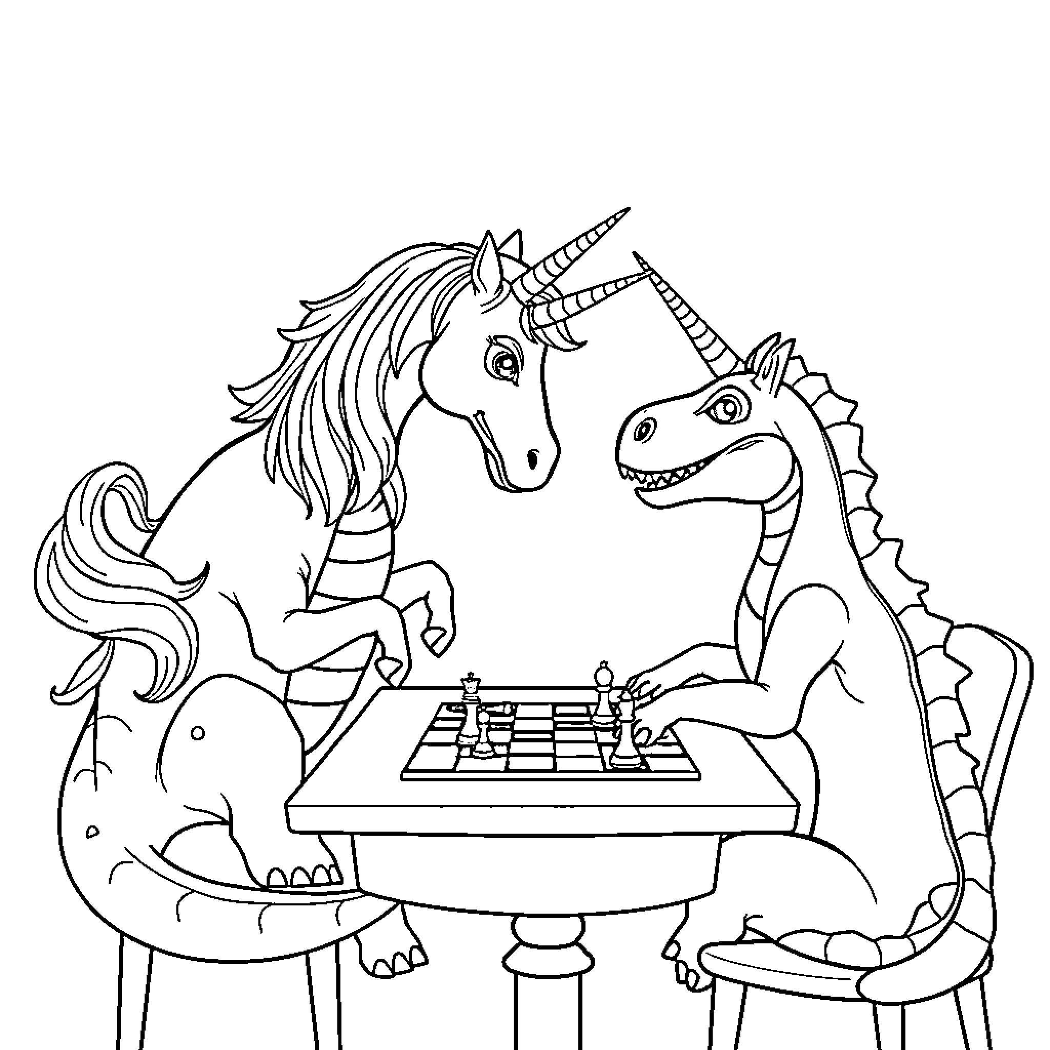 Dinosaur and Unicorn Playing Chess Coloring Page (free black-and-white line drawing printable PDF for all, from beginners to advanced learners, including children, teens, adults, and seniors)