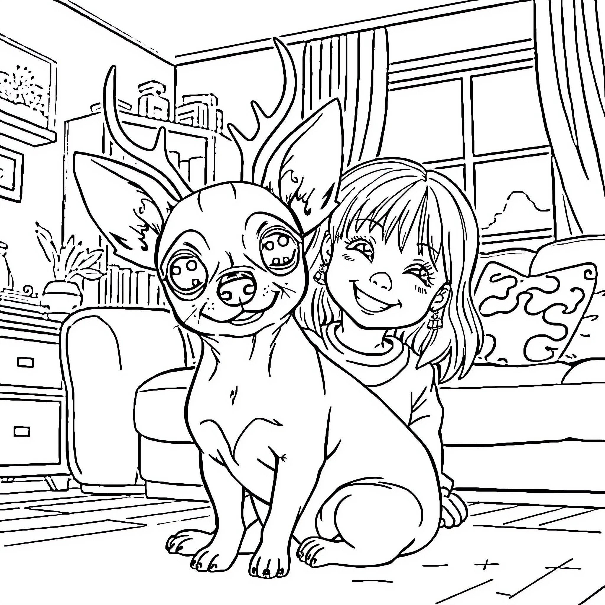 Chihuahua and girl playing happily together Coloring Page (free black-and-white line drawing printable PDF for all, from beginners to advanced learners, including children, teens, adults, and seniors)