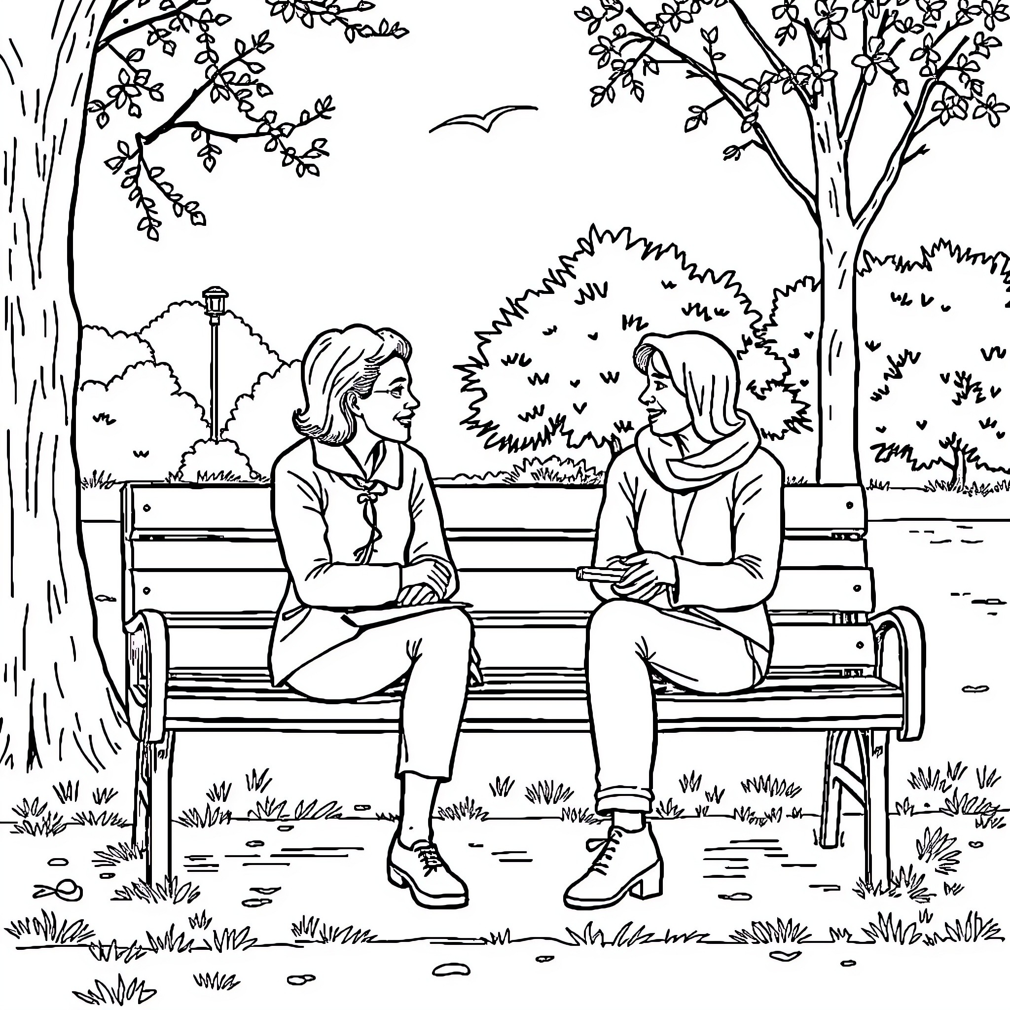 Cat Friends Chatting on a Park Bench Coloring Page (free black-and-white line drawing printable PDF for all, from beginners to advanced learners, including children, teens, adults, and seniors)