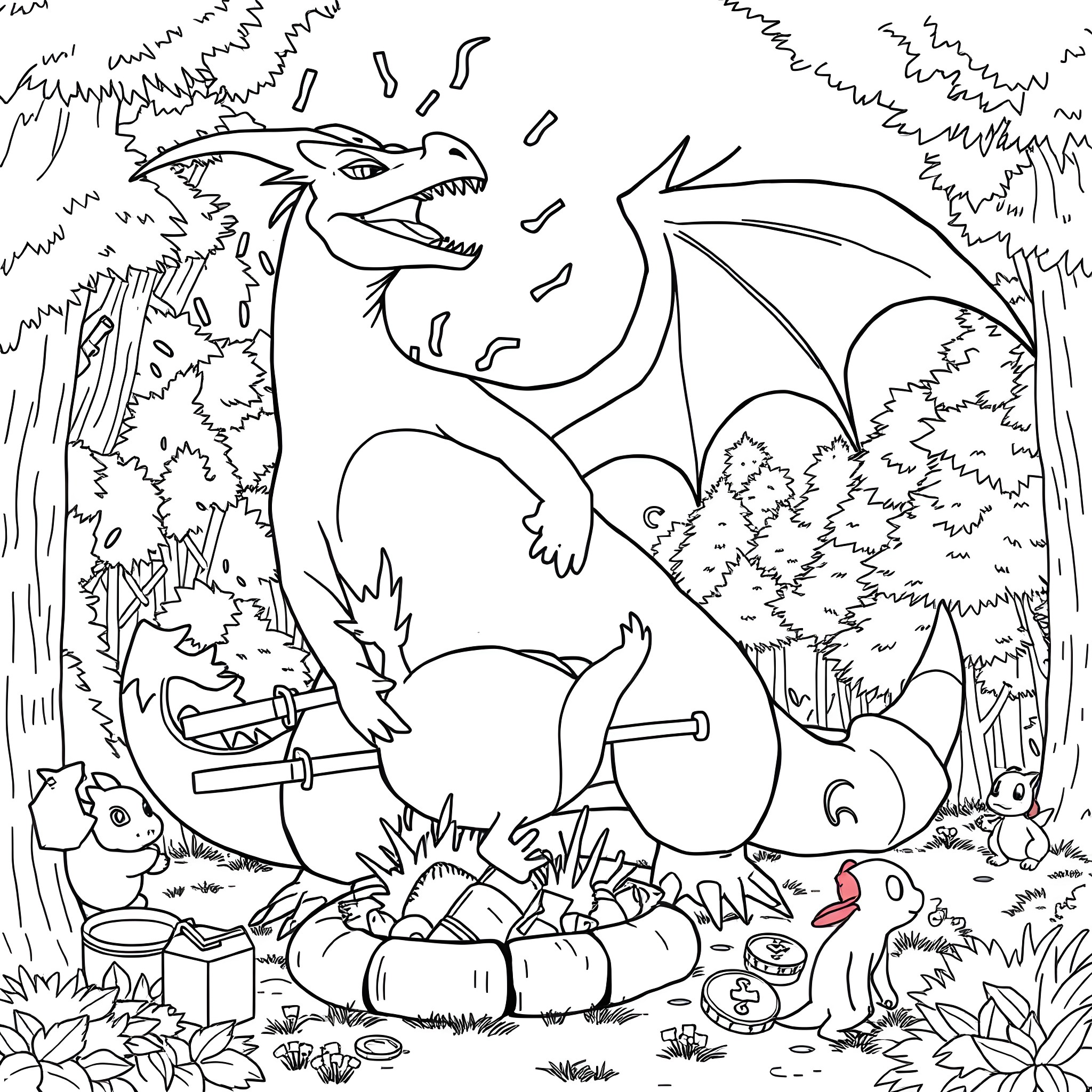 Charizard in a lush forest landscape Coloring Page (free black-and-white line drawing printable PDF for all, from beginners to advanced learners, including children, teens, adults, and seniors)