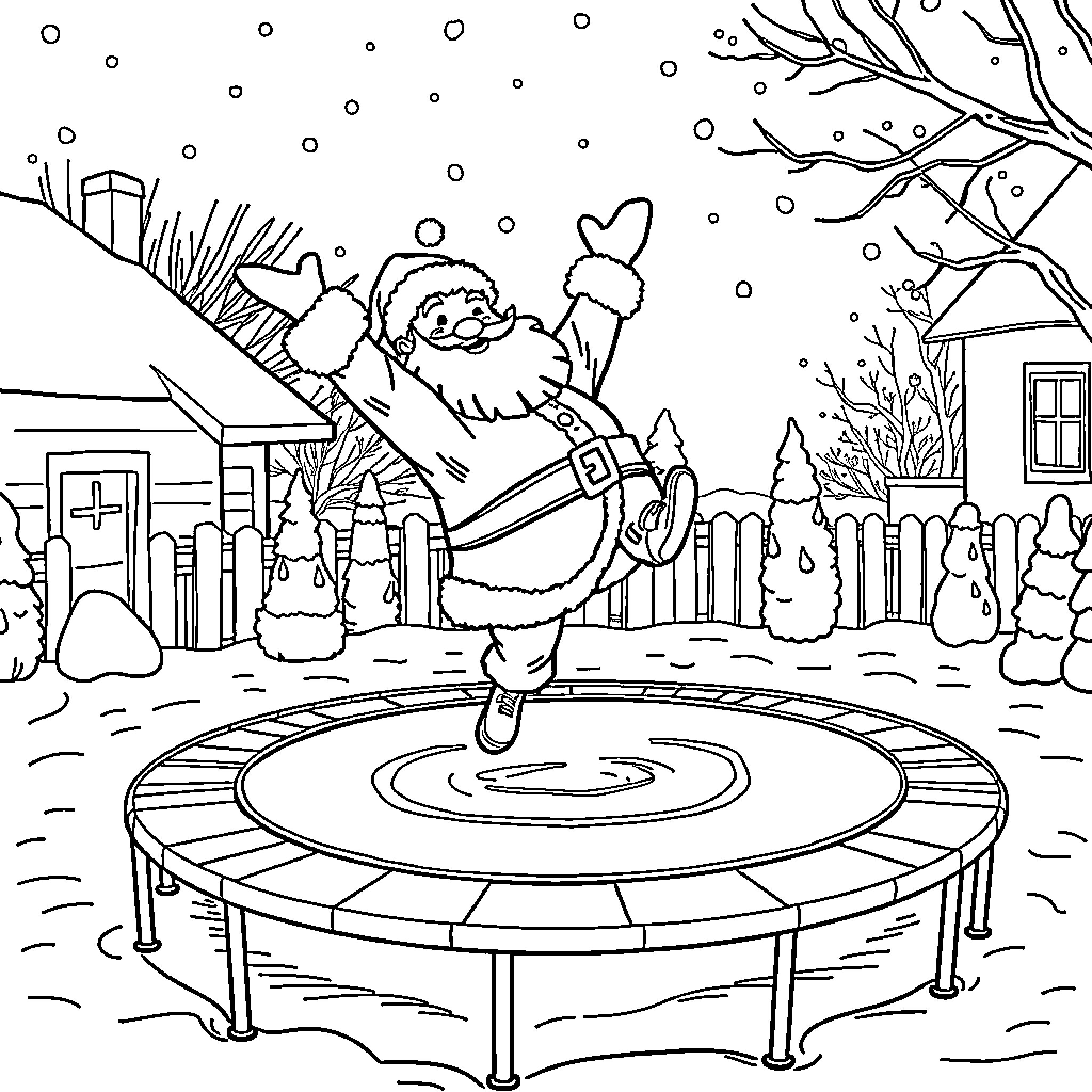 Santa bouncing happily on a trampoline in the snowy countryside Coloring Page (free black-and-white line drawing printable PDF for all, from beginners to advanced learners, including children, teens, adults, and seniors)