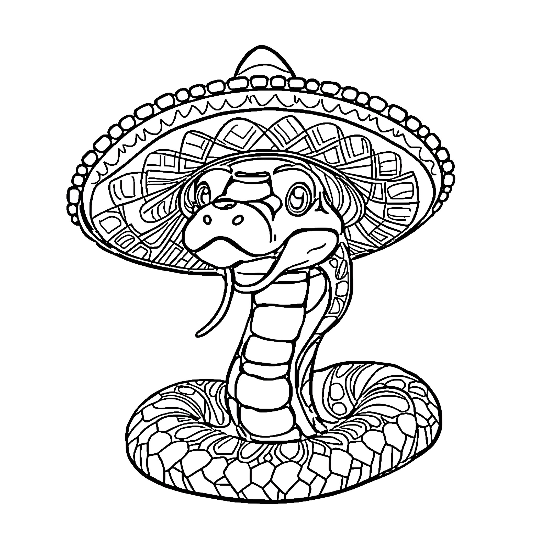Snake wearing a sombrero and colorful patterns Coloring Page (free black-and-white line drawing printable PDF for all, from beginners to advanced learners, including children, teens, adults, and seniors)