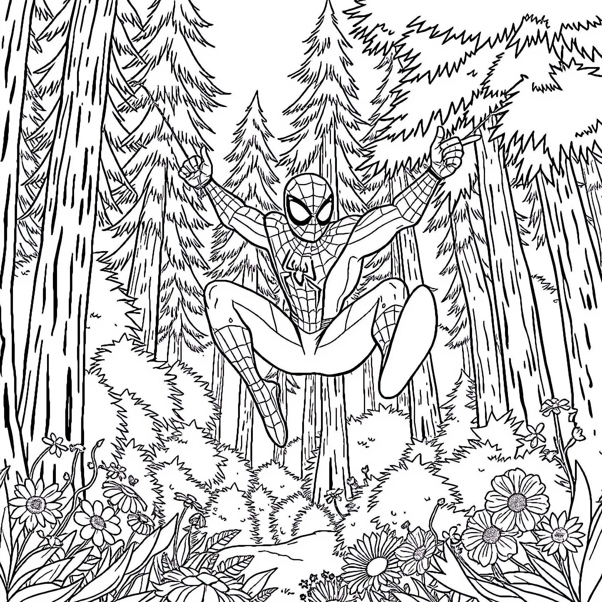 Spiderman swinging through a magical forest Coloring Page (free black-and-white line drawing printable PDF for all, from beginners to advanced learners, including children, teens, adults, and seniors)