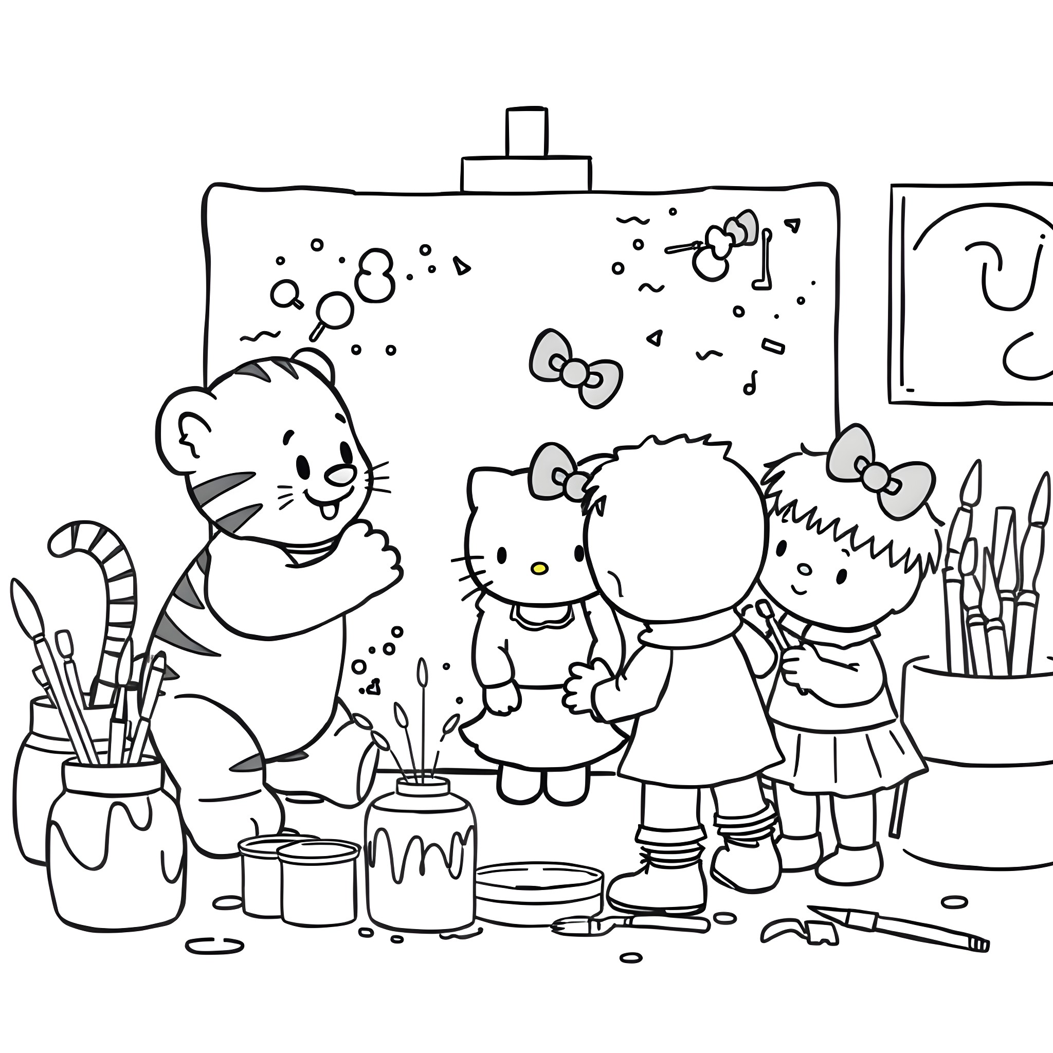 Daniel Tiger and Friends Coloring at Art Class Coloring Page (free black-and-white line drawing printable PDF for all, from beginners to advanced learners, including children, teens, adults, and seniors)