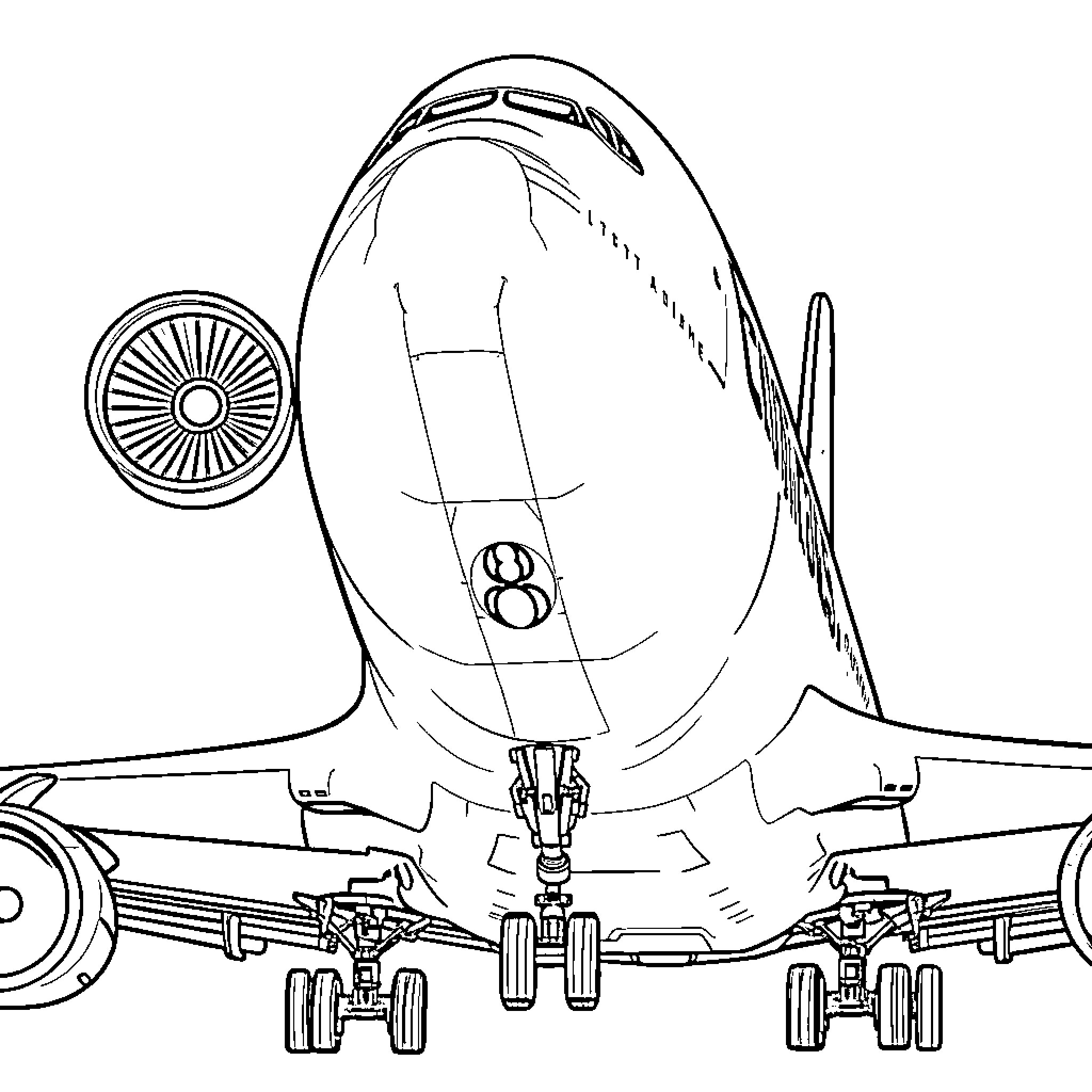 A380 aircraft in full view on the runway Coloring Page (free black-and-white line drawing printable PDF for all, from beginners to advanced learners, including children, teens, adults, and seniors)