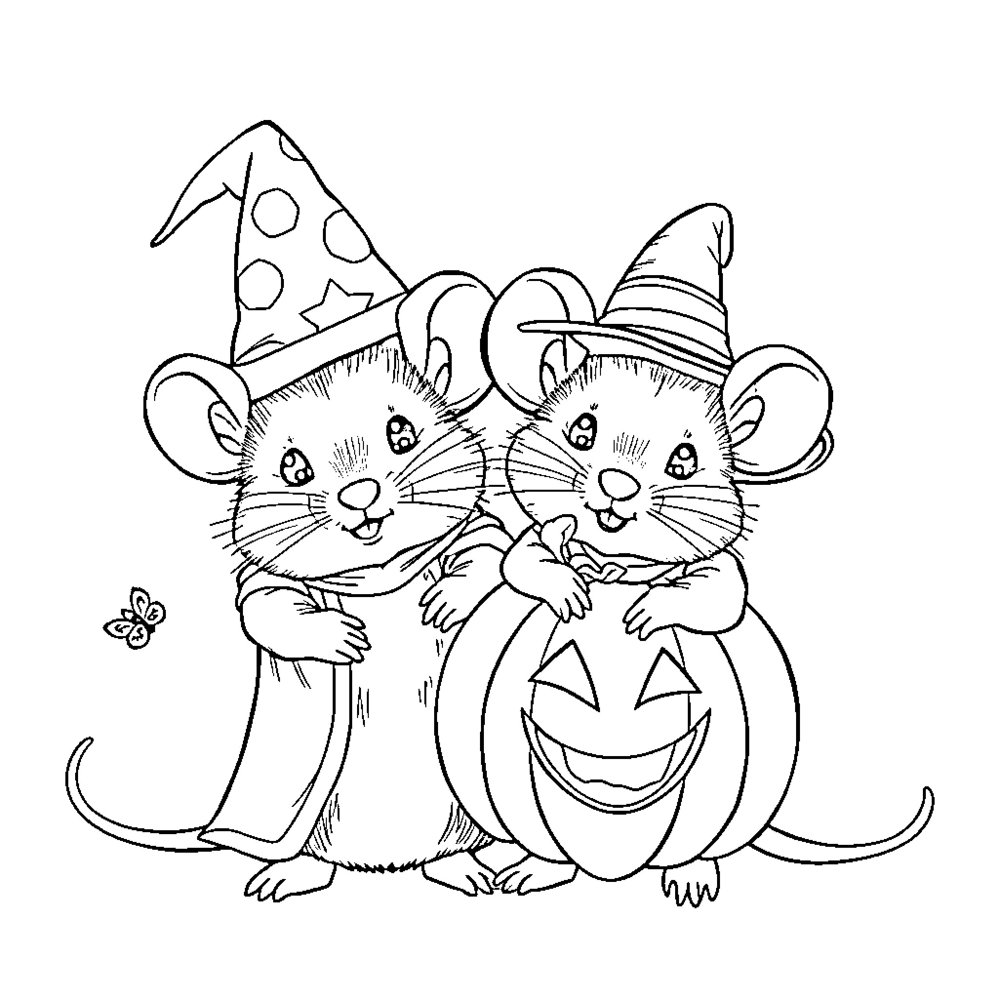 Mouse duo dressed up for Halloween Coloring Page (free black-and-white line drawing printable PDF for all, from beginners to advanced learners, including children, teens, adults, and seniors)