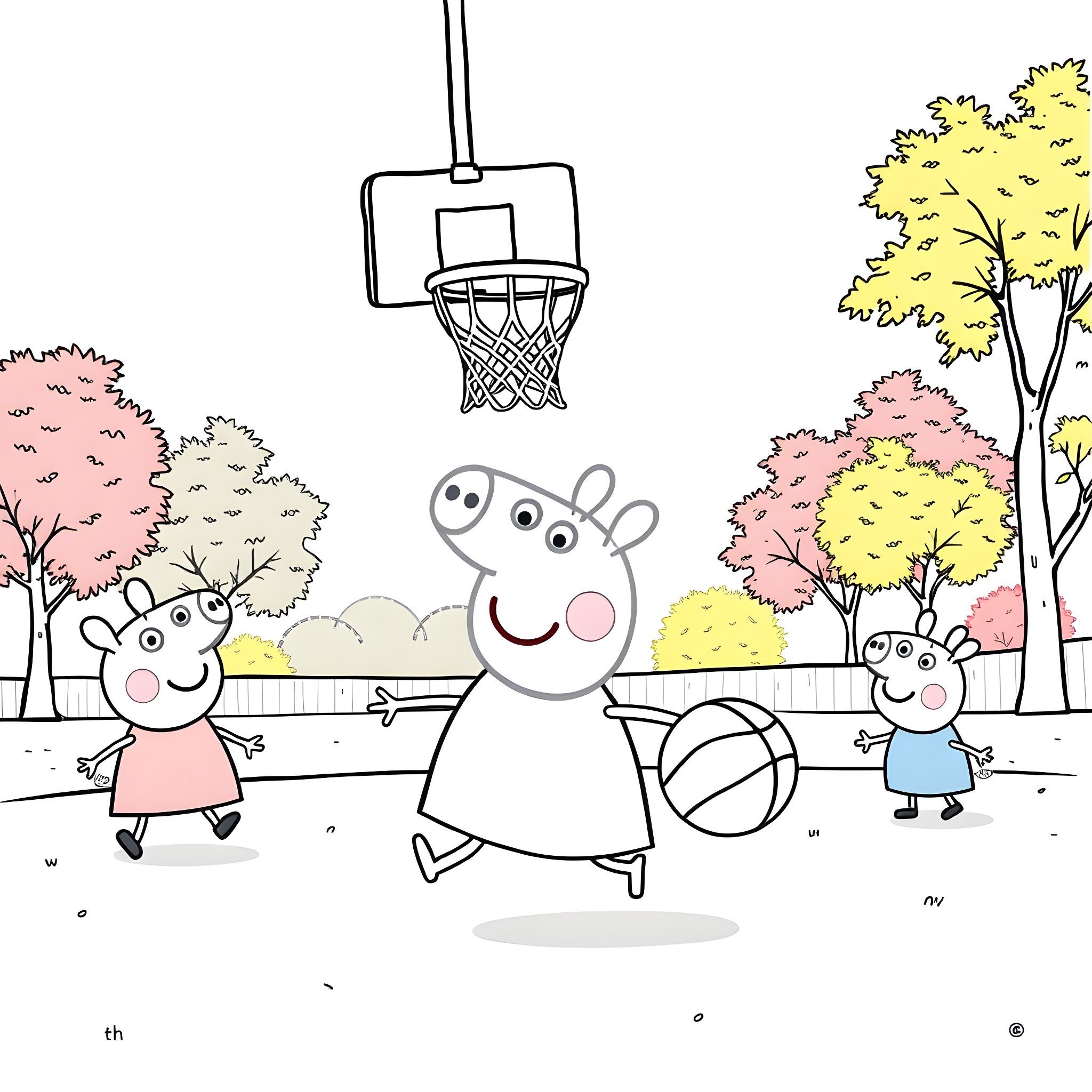 Peppa Pig playing basketball with friends in the park Coloring Page (free black-and-white line drawing printable PDF for all, from beginners to advanced learners, including children, teens, adults, and seniors)
