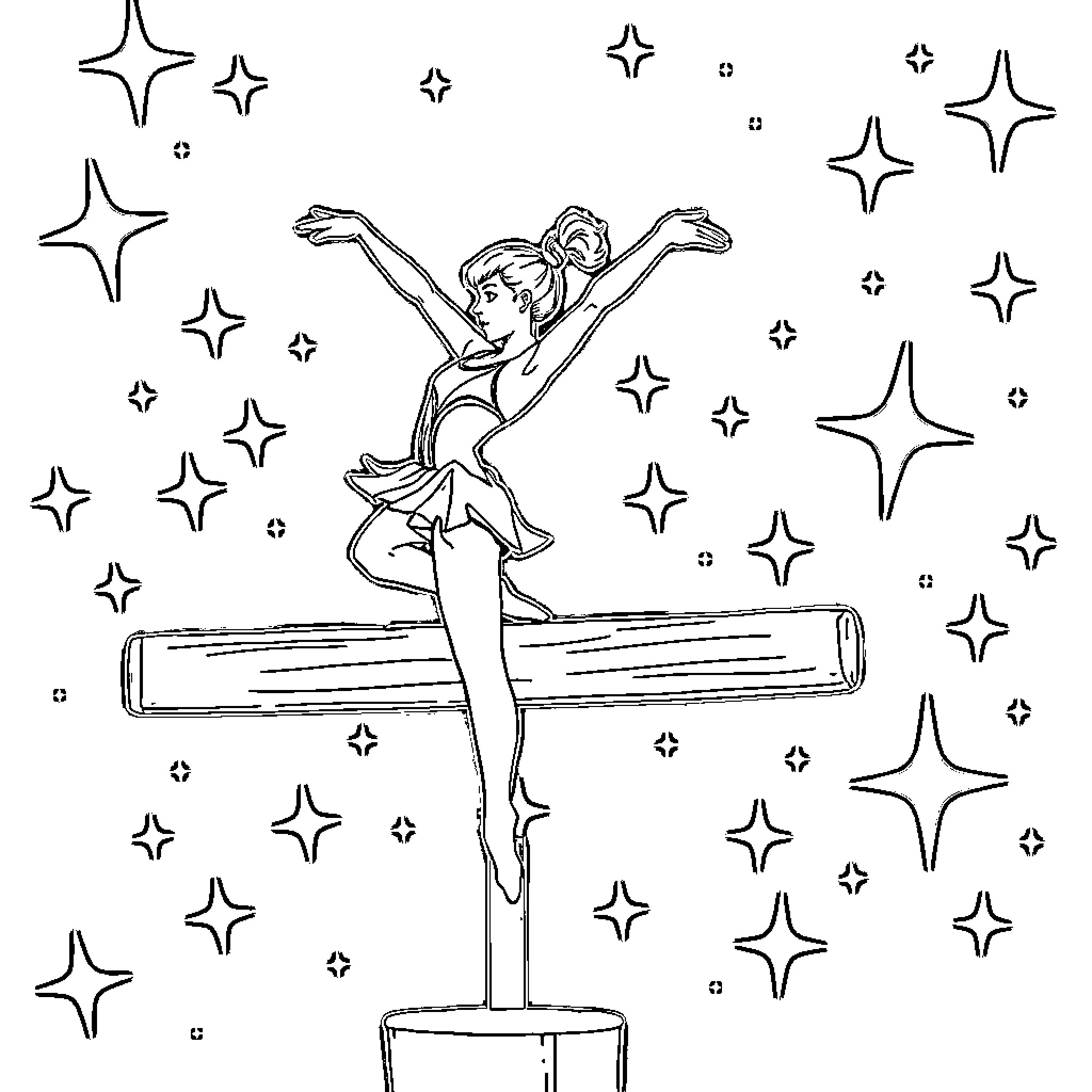 Gymnast performing acrobatic routine with sparkling stars Coloring Page (free black-and-white line drawing printable PDF for all, from beginners to advanced learners, including children, teens, adults, and seniors)