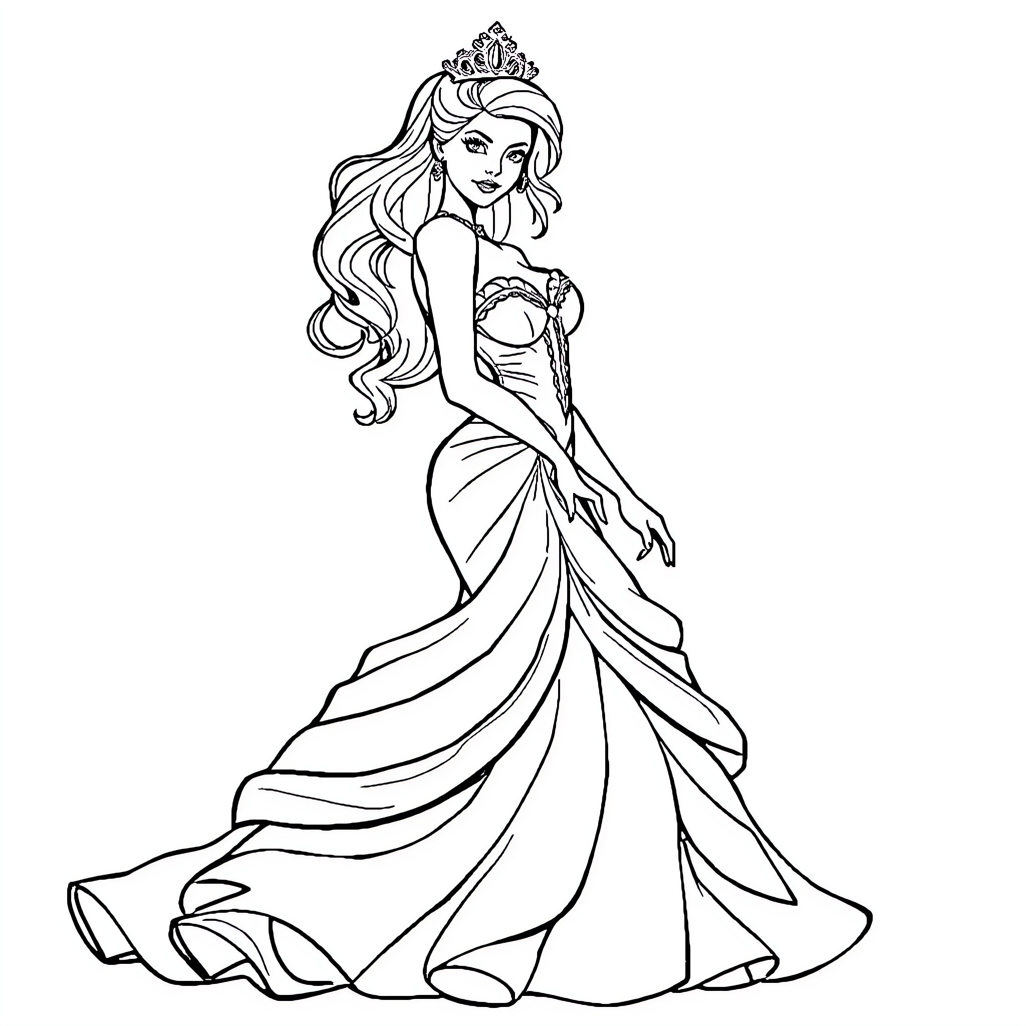 Atalante - Elegant Princess in Flowing Gown Coloring Page (free black-and-white line drawing printable PDF for all, from beginners to advanced learners, including children, teens, adults, and seniors)