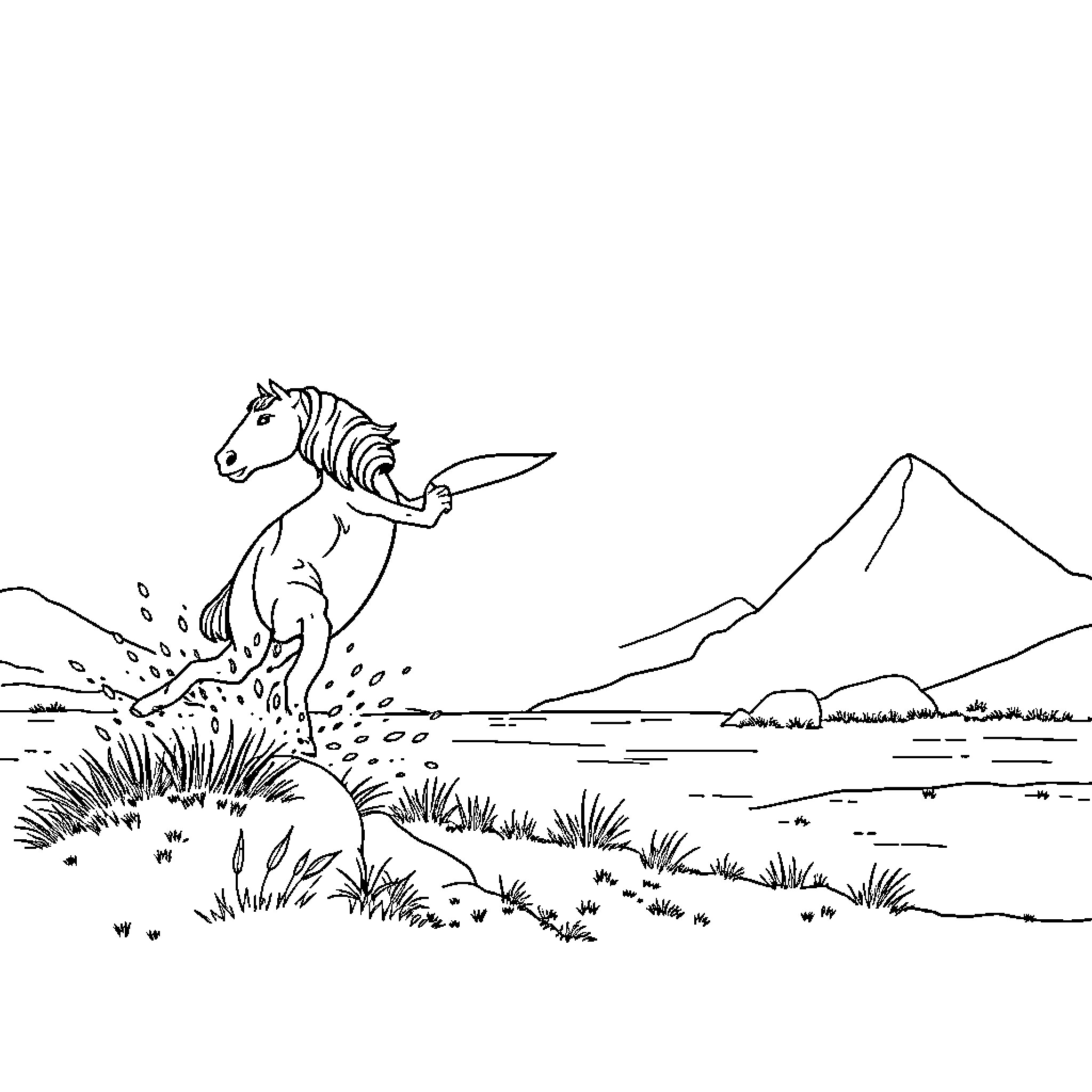 Unicorn galloping through a mountainous landscape Coloring Page (free black-and-white line drawing printable PDF for all, from beginners to advanced learners, including children, teens, adults, and seniors)