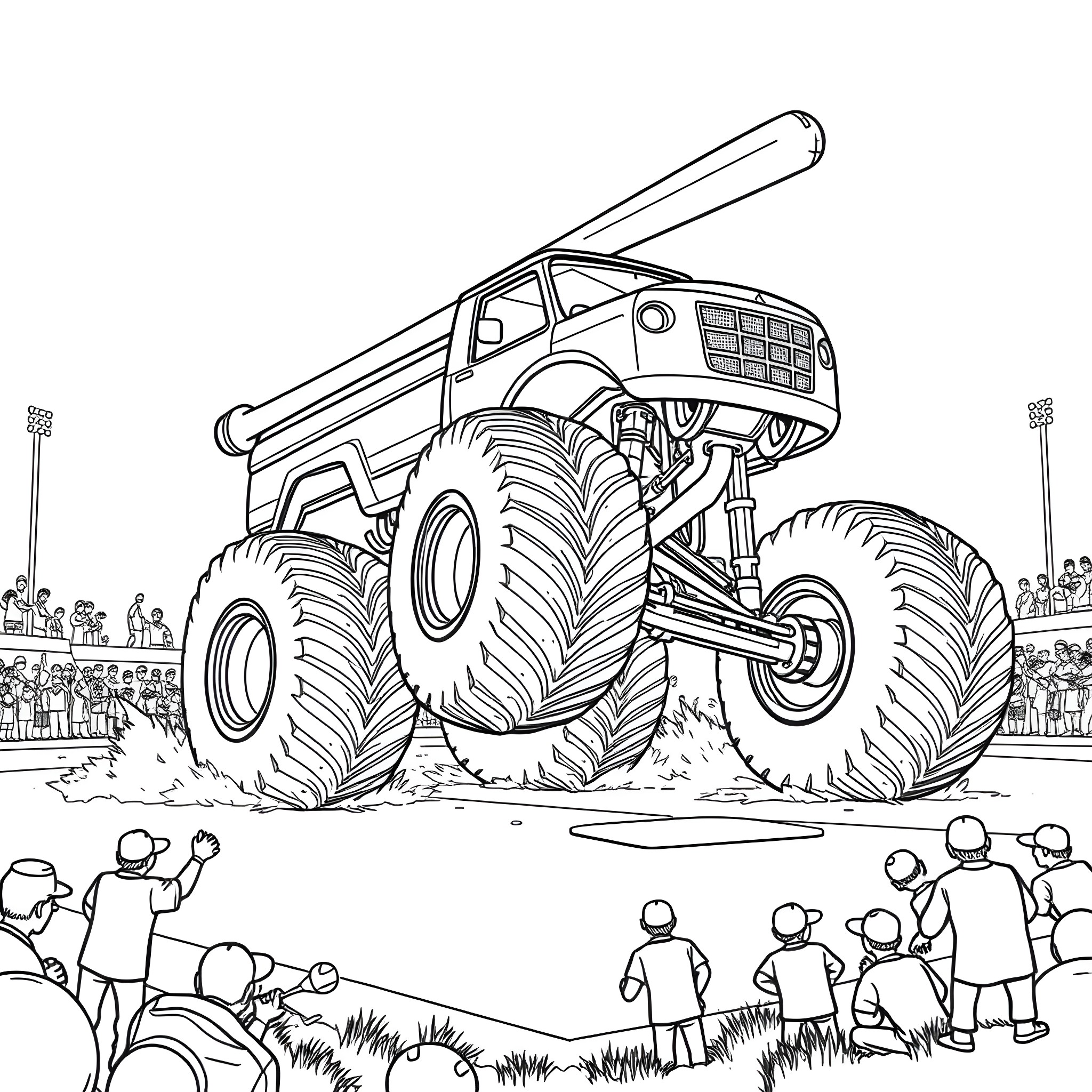 Monster Truck Performing Stunts Before Cheering Crowd Coloring Page (free black-and-white line drawing printable PDF for all, from beginners to advanced learners, including children, teens, adults, and seniors)